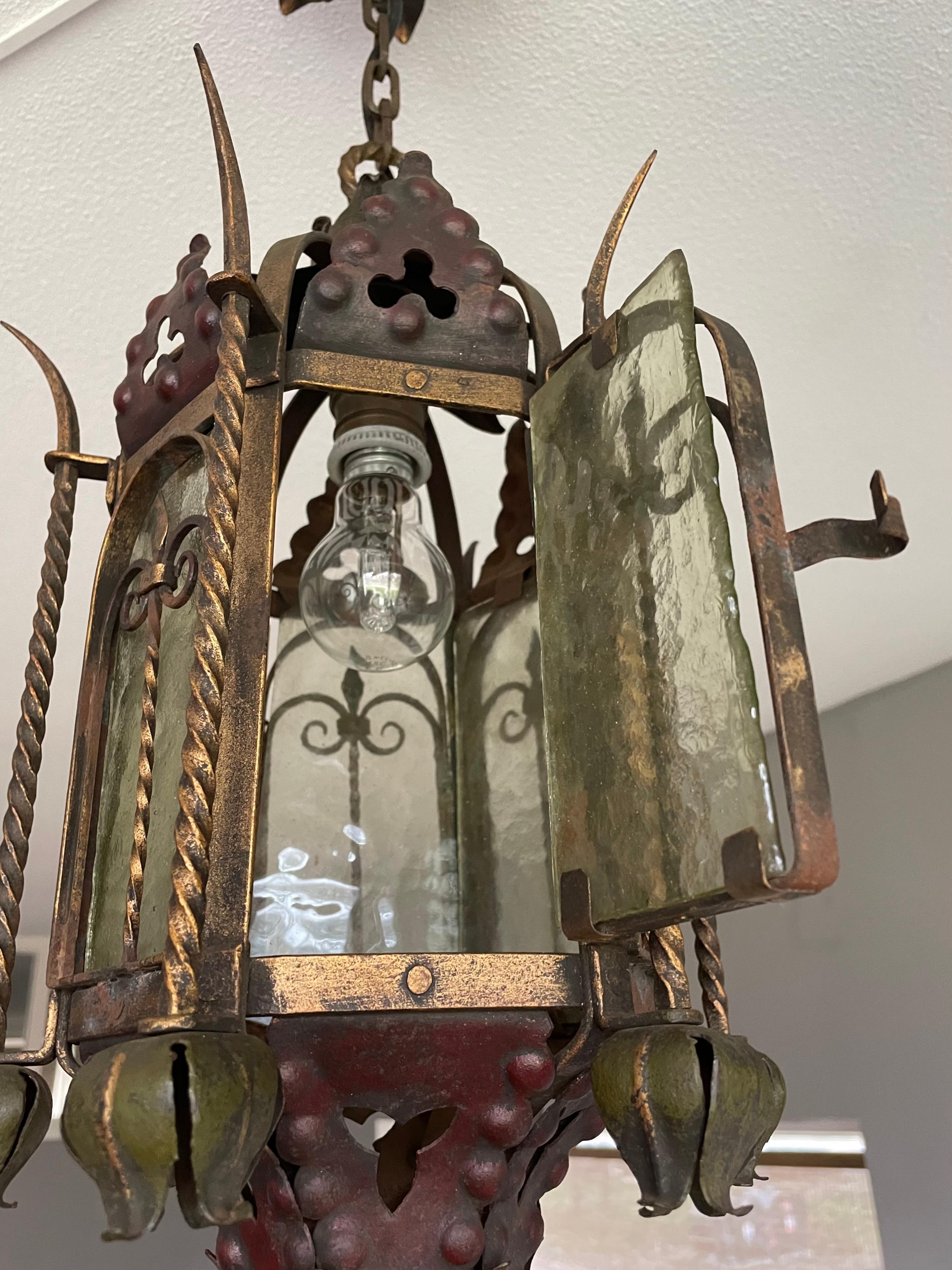 Metal Antique & Good Size Gothic Revival Wrought Iron & Cathedral Glass Lantern 1910s