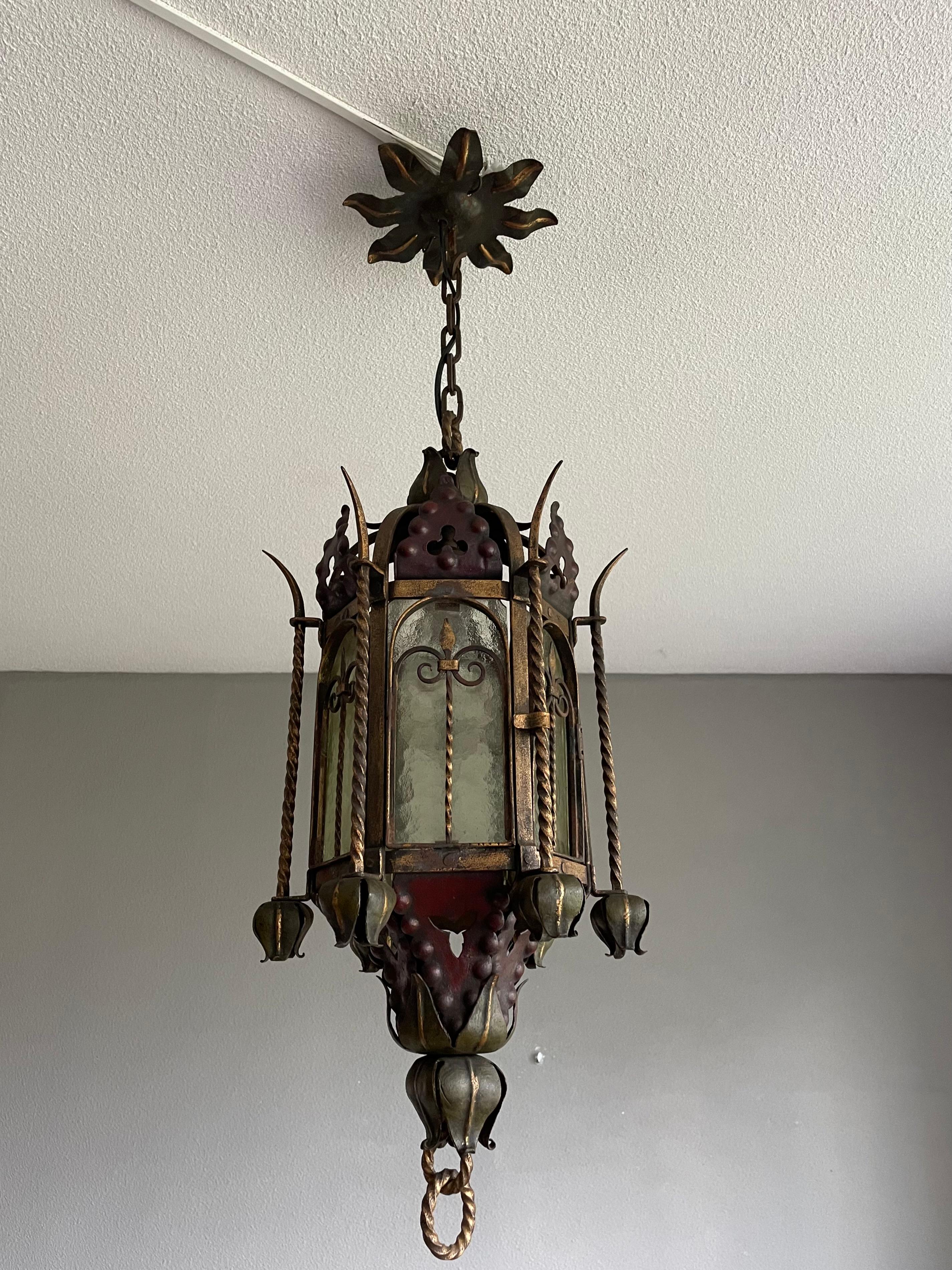 Antique & Good Size Gothic Revival Wrought Iron & Cathedral Glass Lantern 1910s 6