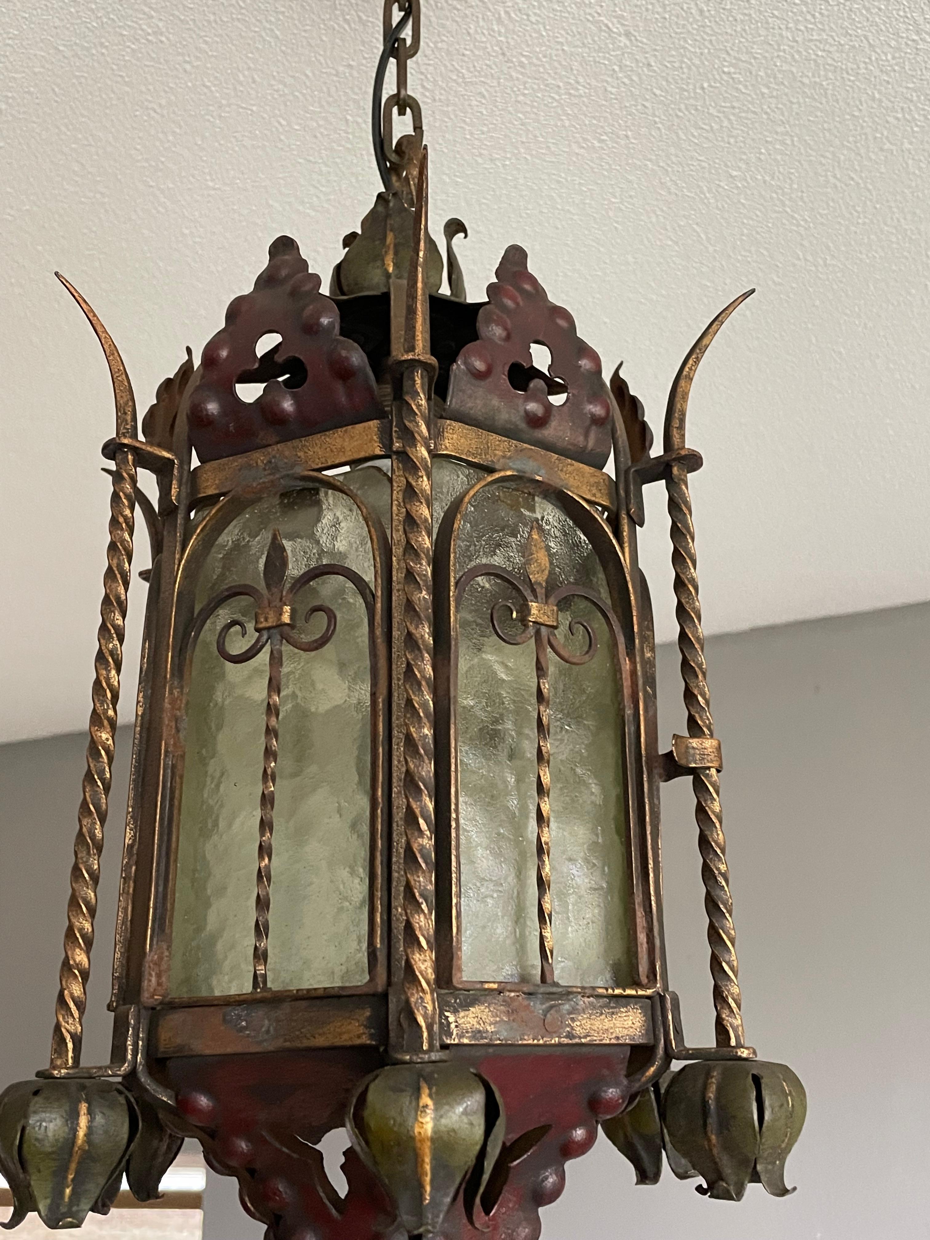 Antique & Good Size Gothic Revival Wrought Iron & Cathedral Glass Lantern 1910s 9
