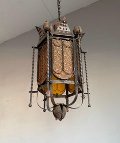 Antique & Good Size Gothic Revival Wrought Iron & Cathedral Glass Lantern 1920s