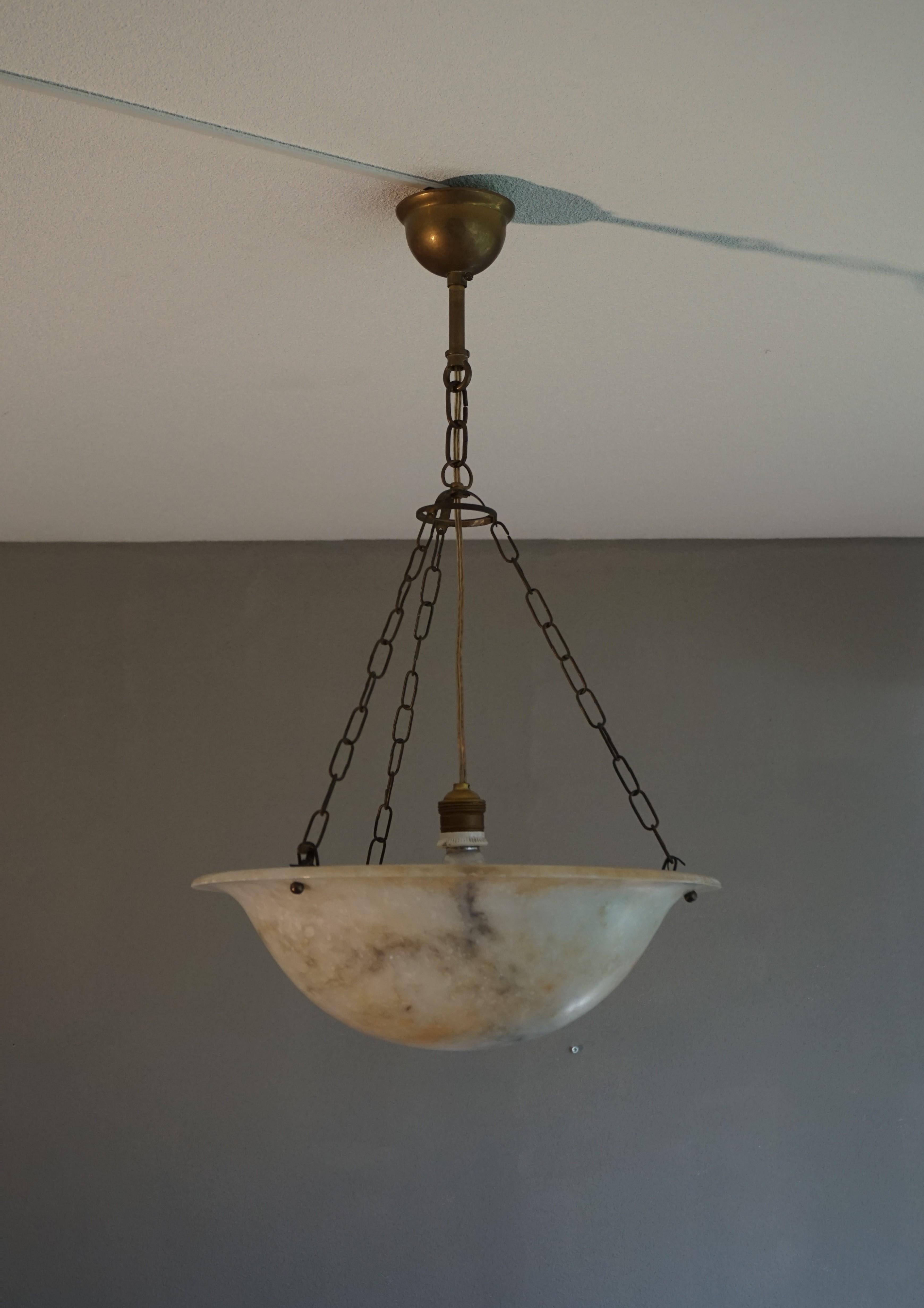 Antique, Good Size & Rare Pattern Alabaster Chandelier With Brass Chain & Canopy For Sale 2