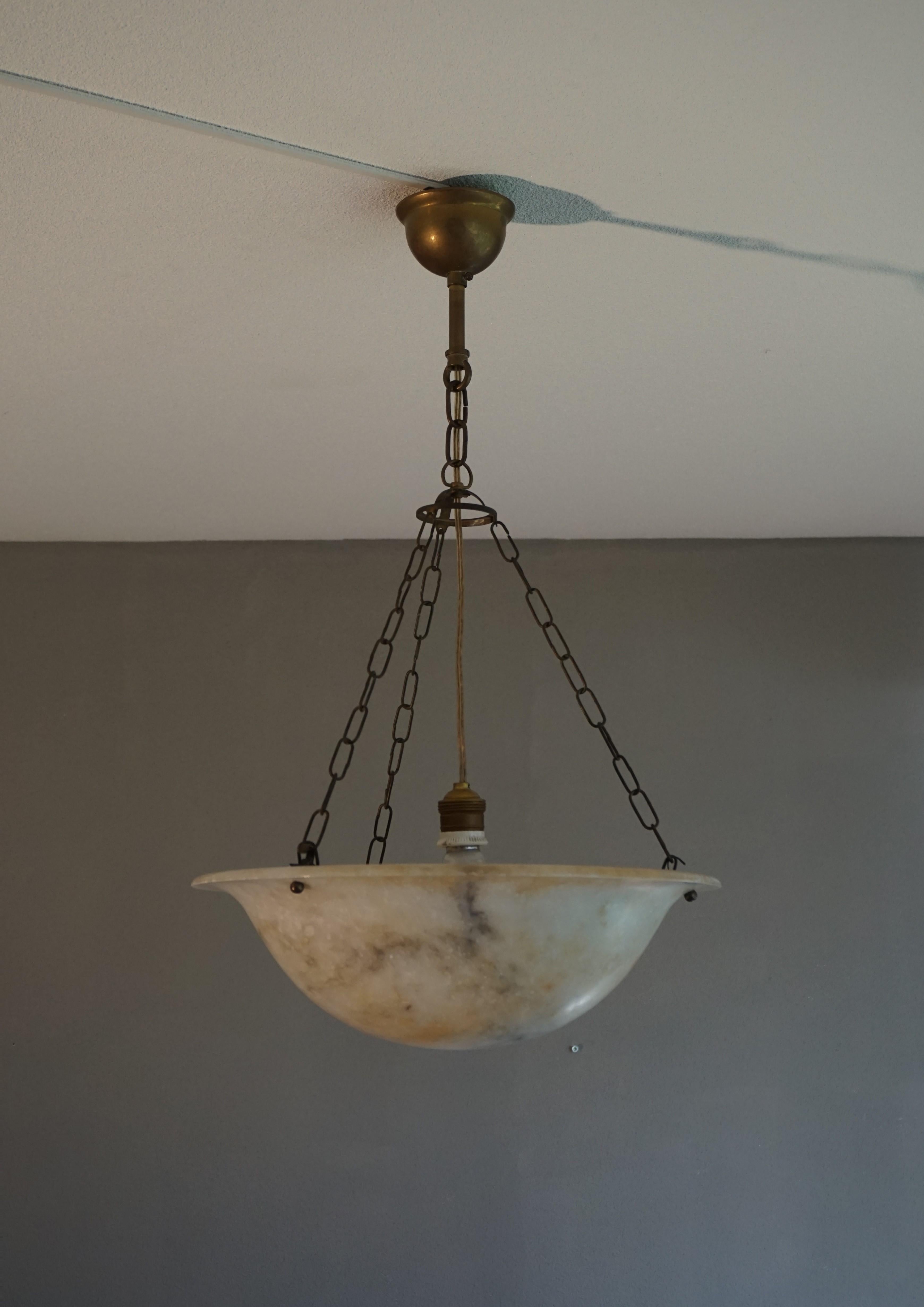 20th Century Antique, Good Size & Rare Pattern Alabaster Chandelier With Brass Chain & Canopy
