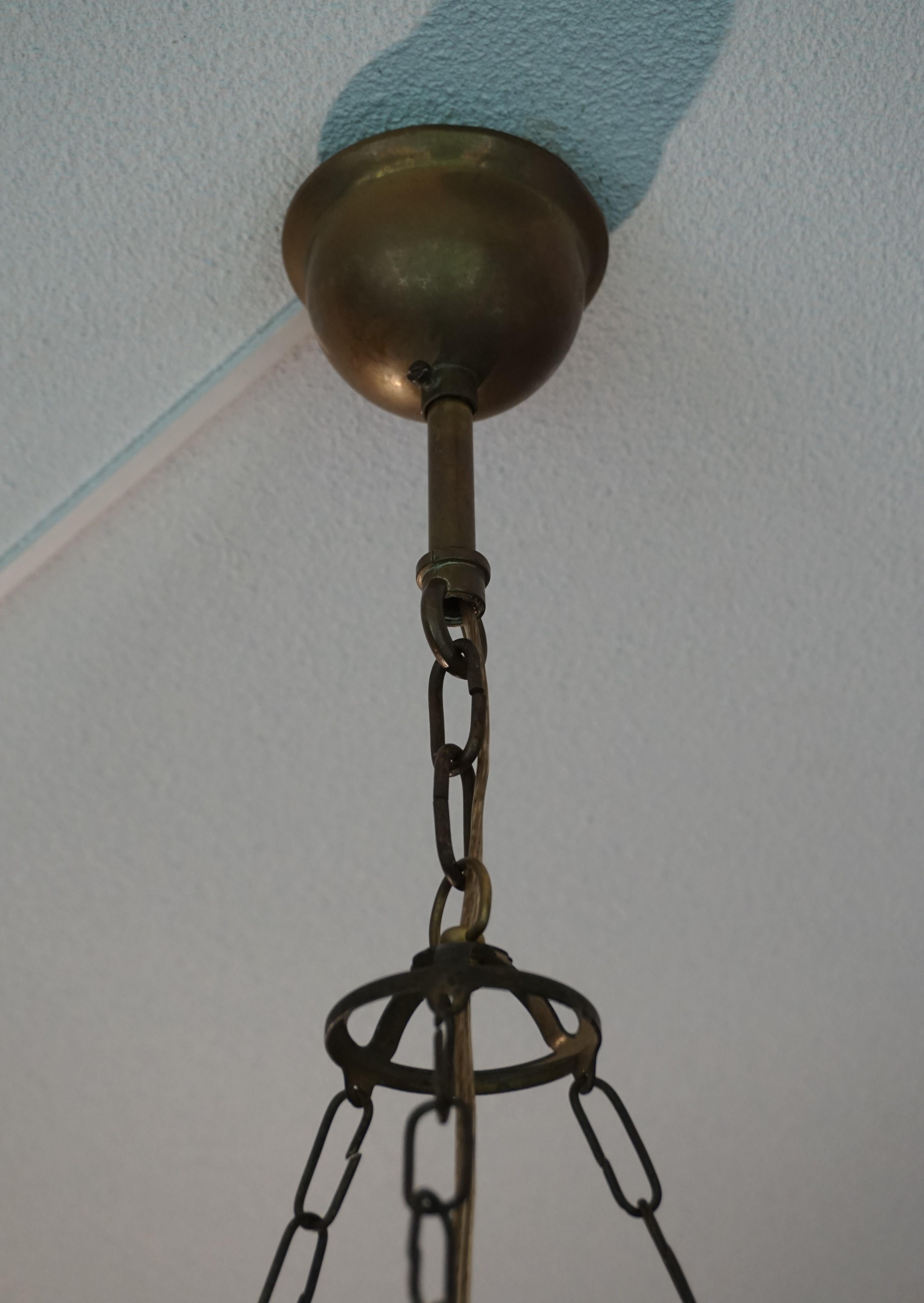 Antique, Good Size & Rare Pattern Alabaster Chandelier With Brass Chain & Canopy For Sale 6