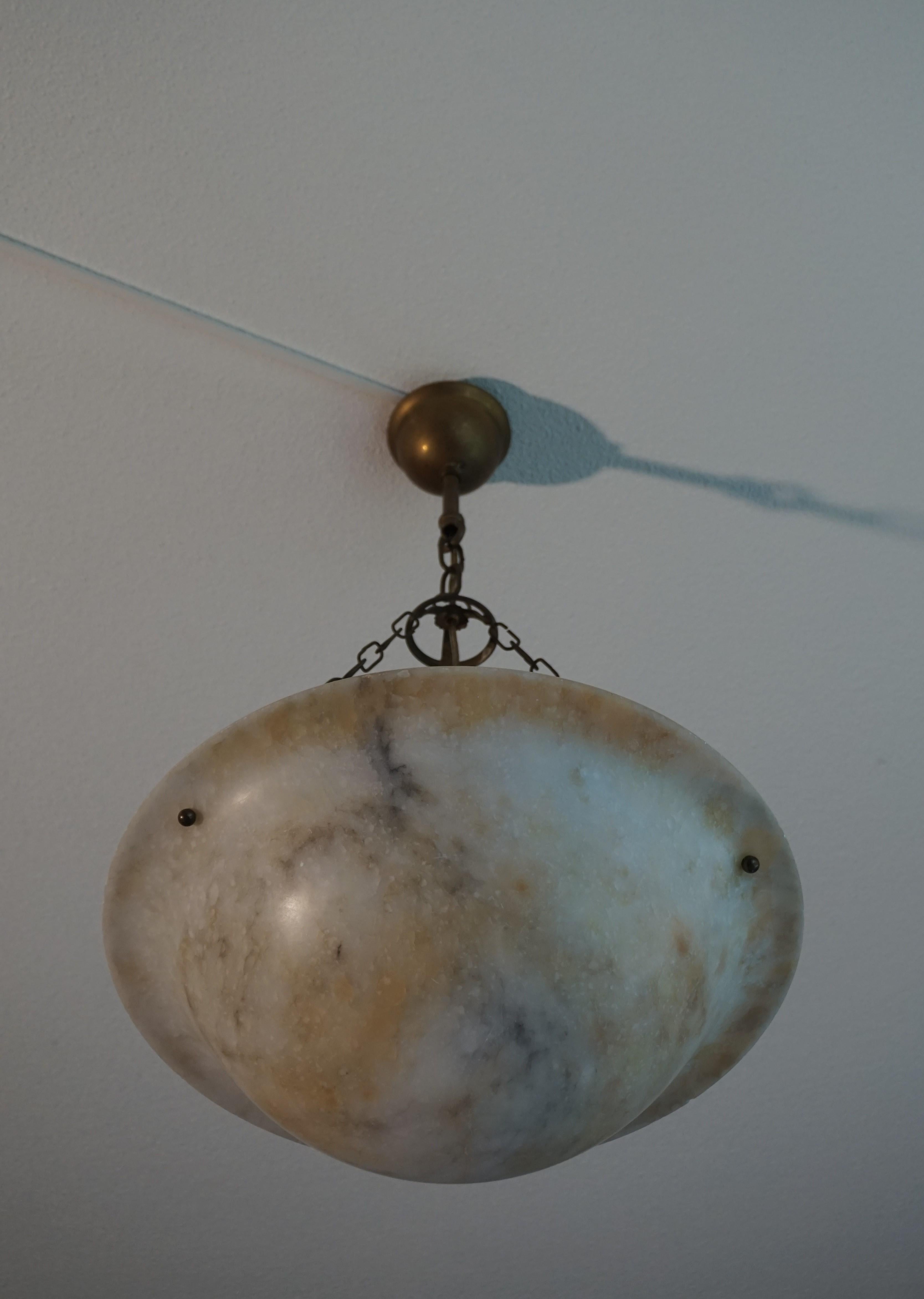 Antique, Good Size & Rare Pattern Alabaster Chandelier With Brass Chain & Canopy For Sale 9