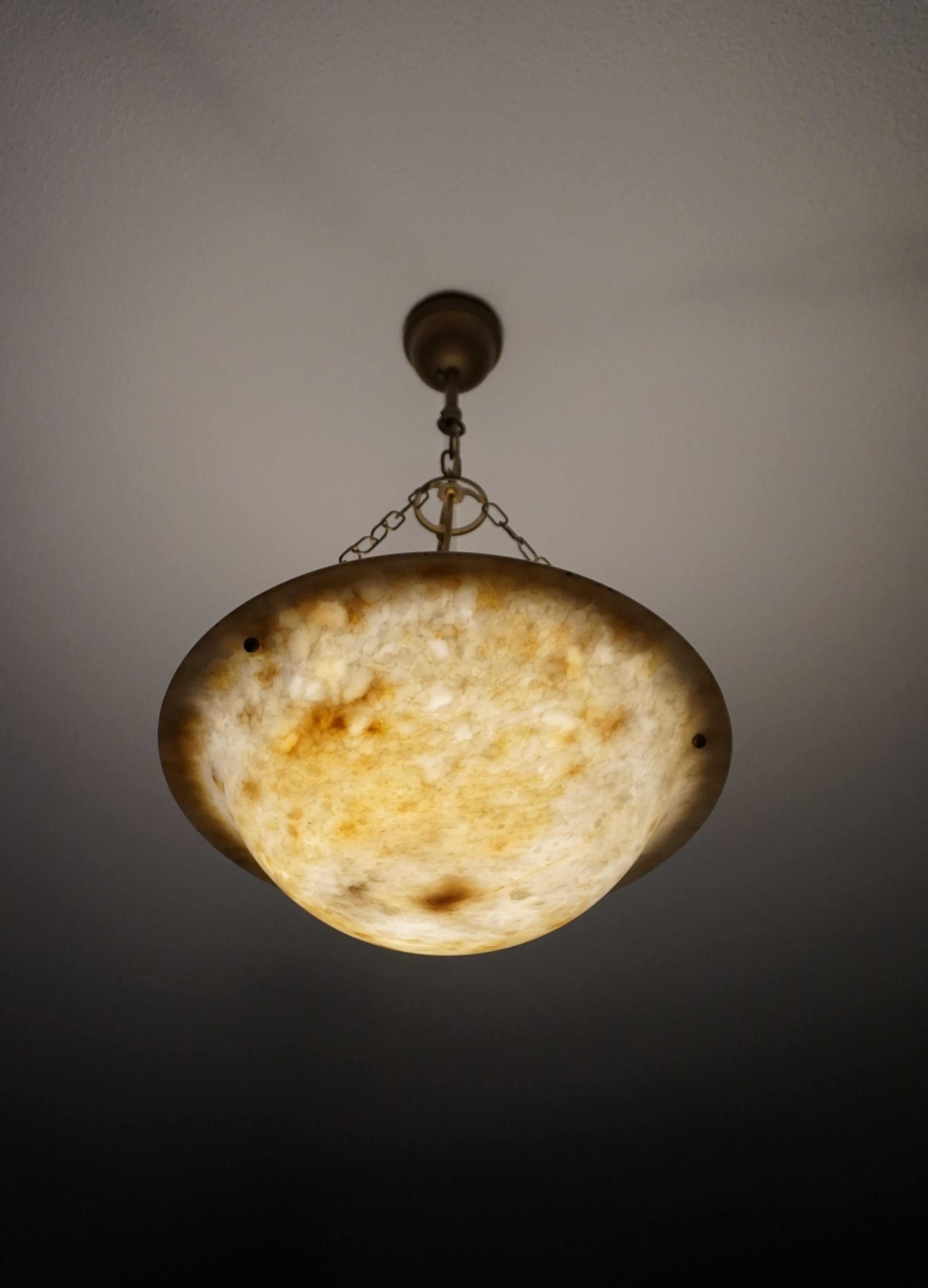 Antique, Good Size & Rare Pattern Alabaster Chandelier With Brass Chain & Canopy For Sale 9