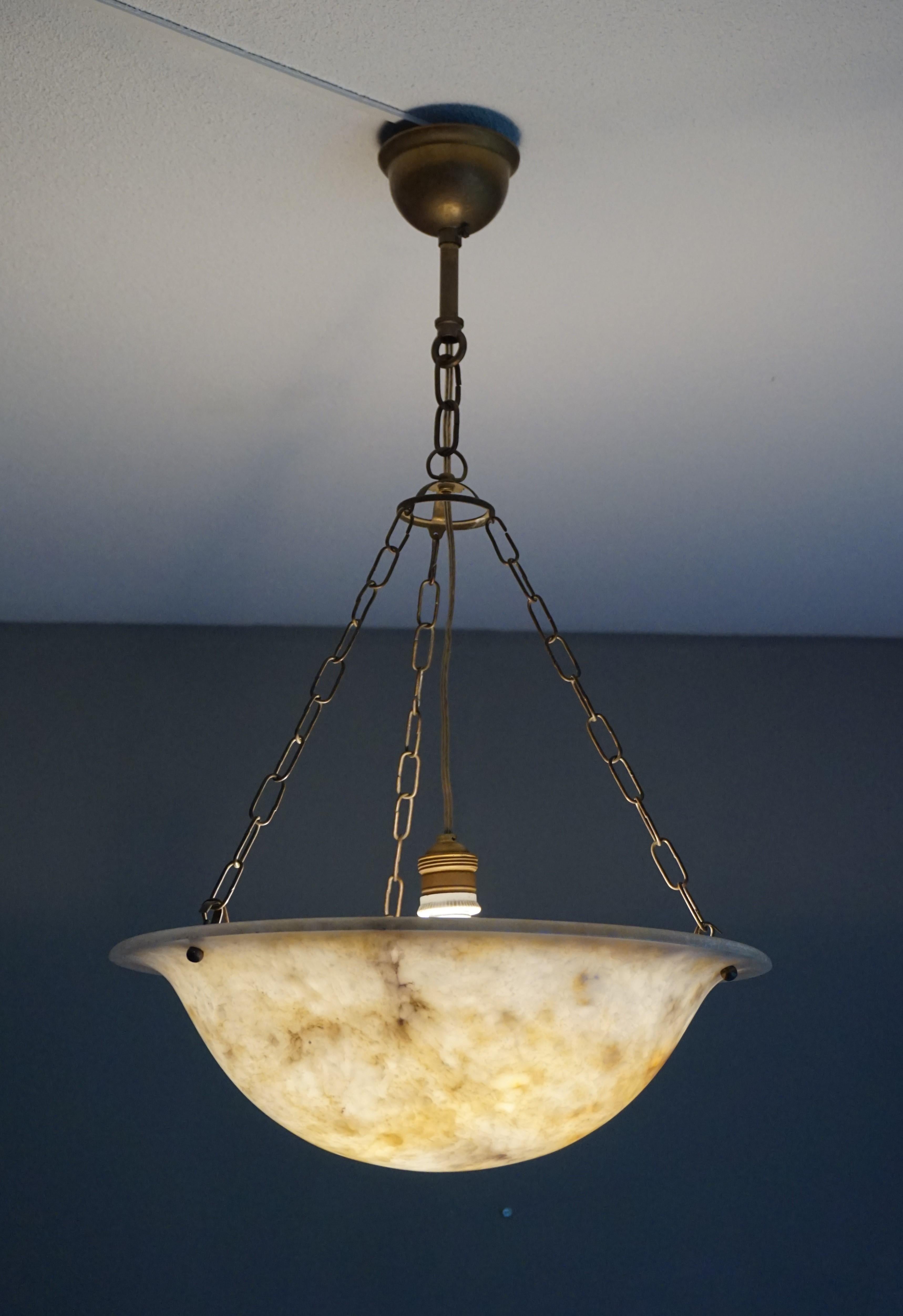 French Antique, Good Size & Rare Pattern Alabaster Chandelier With Brass Chain & Canopy For Sale