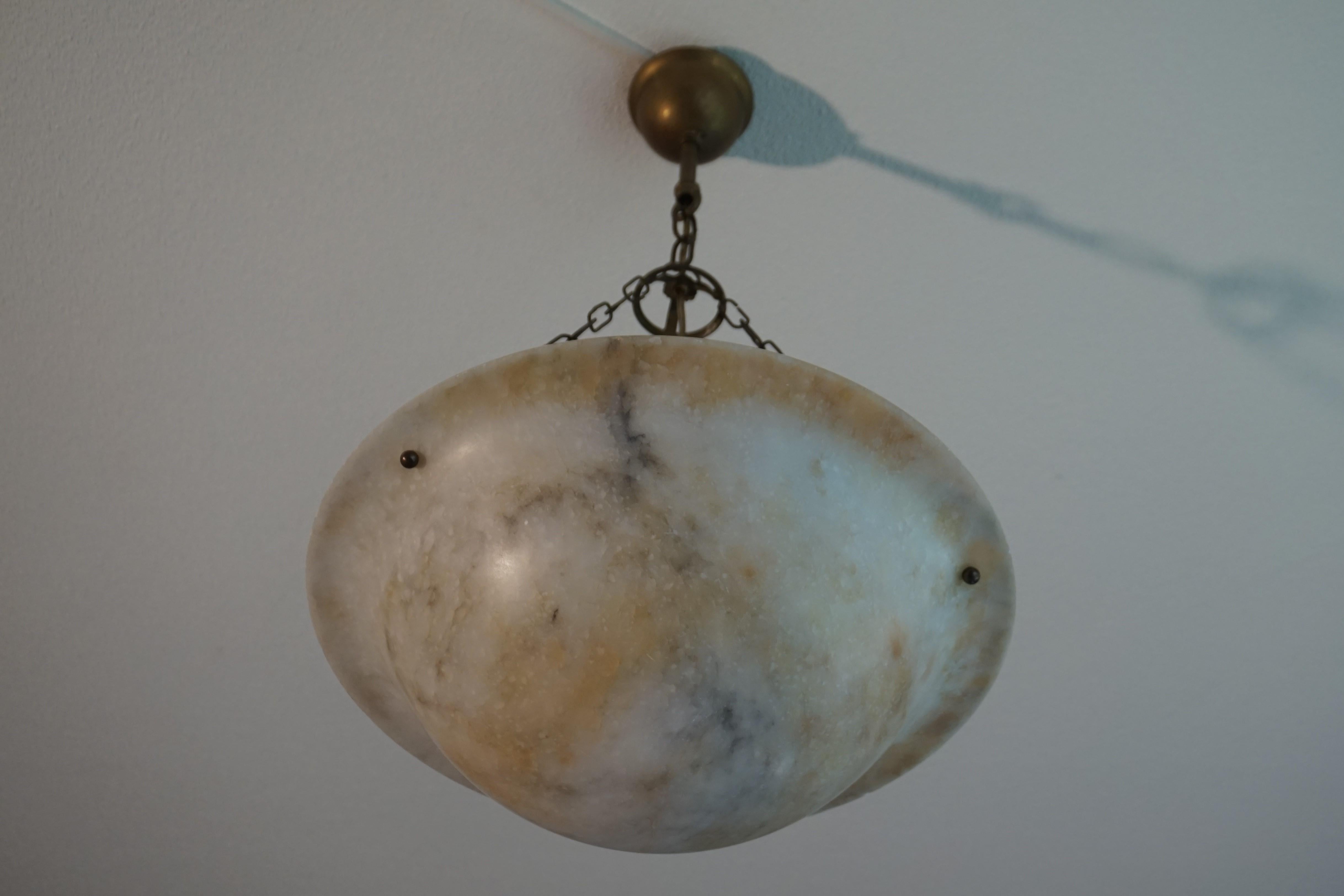 Hand-Carved Antique, Good Size & Rare Pattern Alabaster Chandelier With Brass Chain & Canopy For Sale