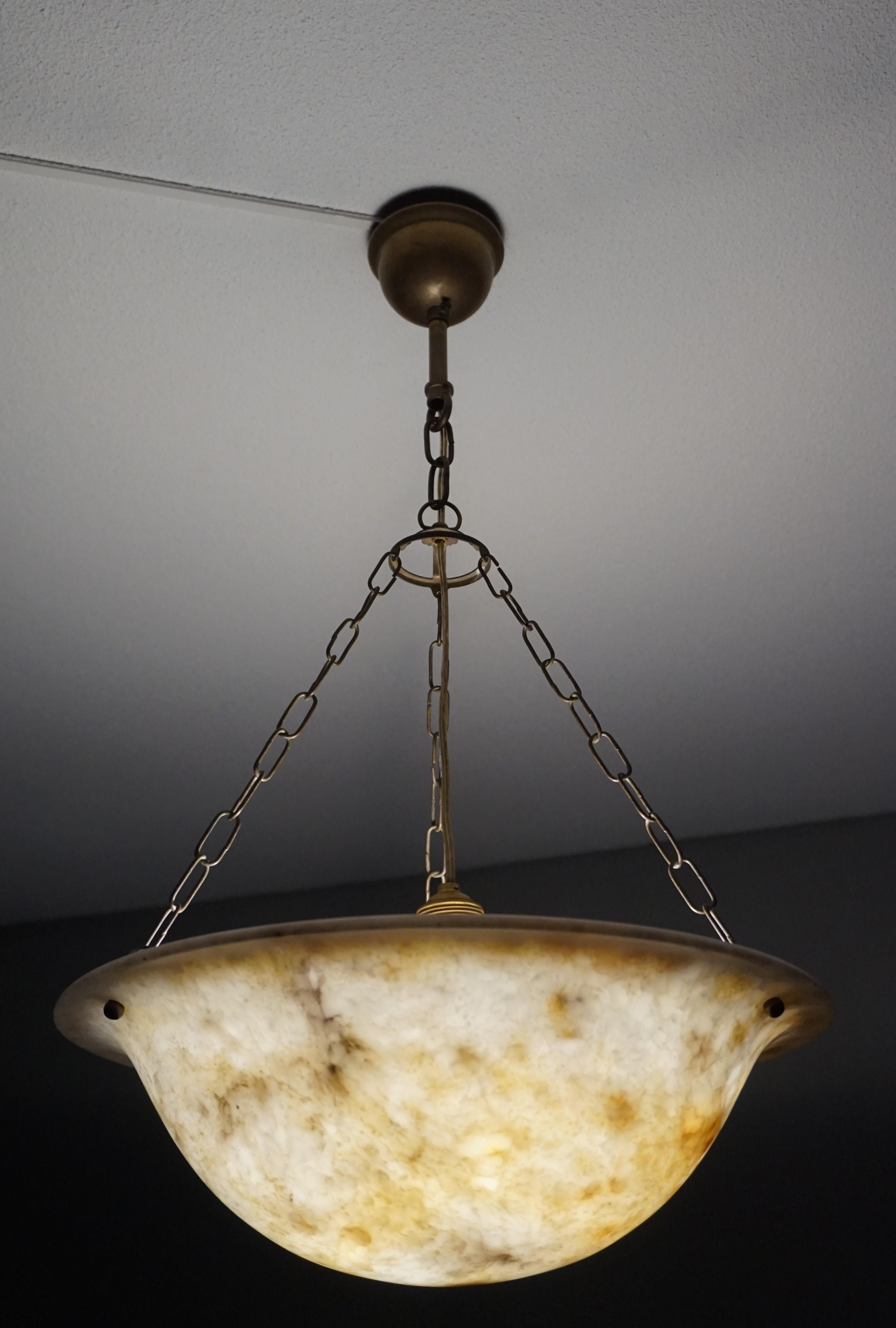 Antique, Good Size & Rare Pattern Alabaster Chandelier With Brass Chain & Canopy For Sale 1