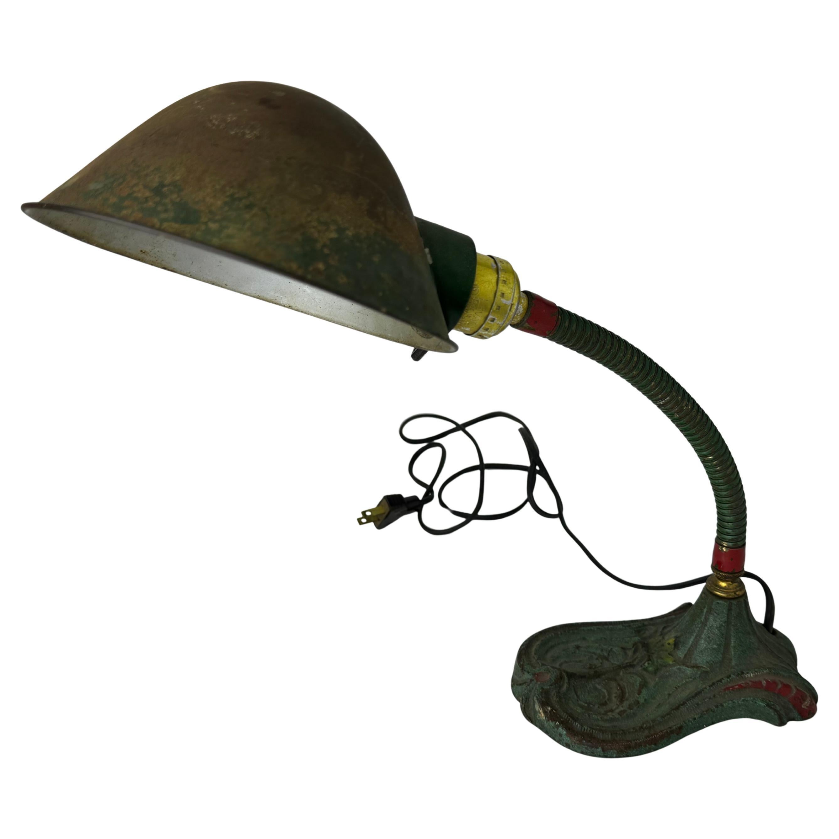Antique Goose Neck Desk Lamp With Cast Iron Base