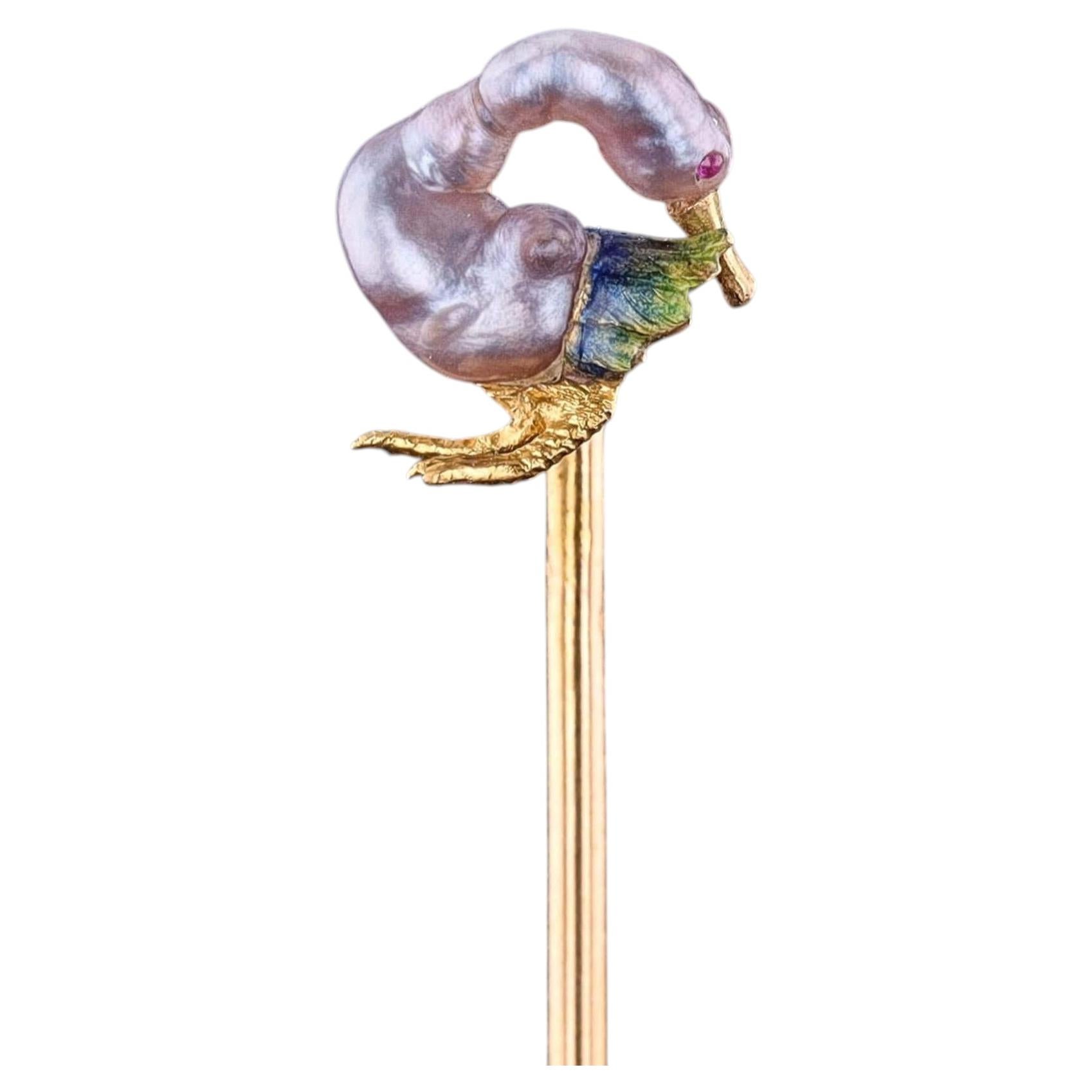 Antique Goose Stickpin Of 18k Gold With Baroque Pearl