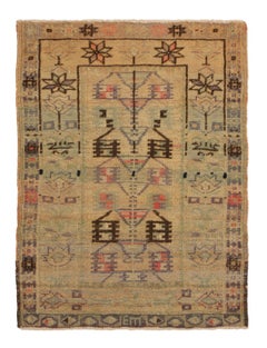 Antique Gordes Geometric Beige and Green Wool Rug