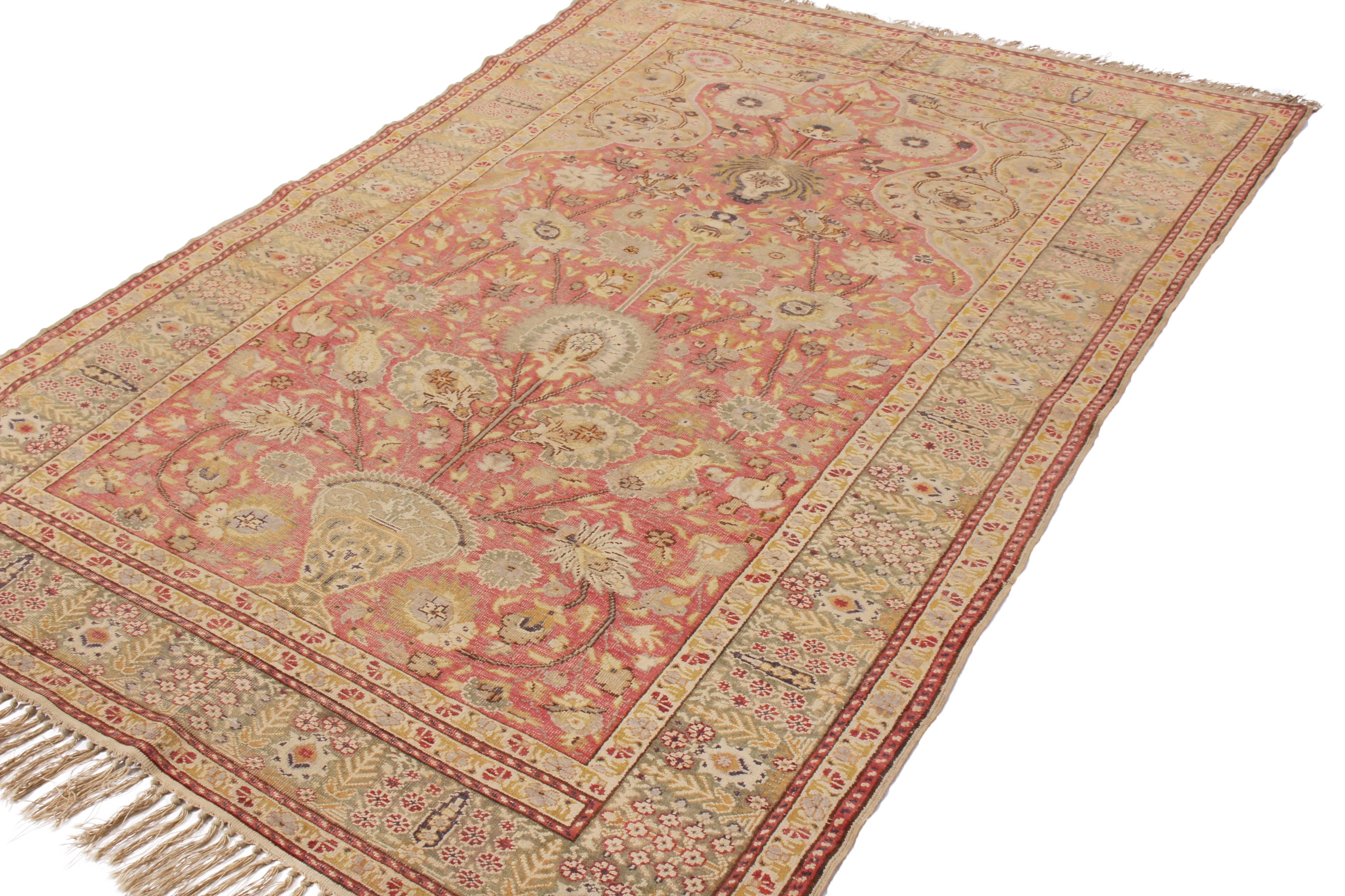 Turkish Antique Gordes Tea Green and Pink Wool Rug & Tree of Life Motifs by Rug & Kilim For Sale
