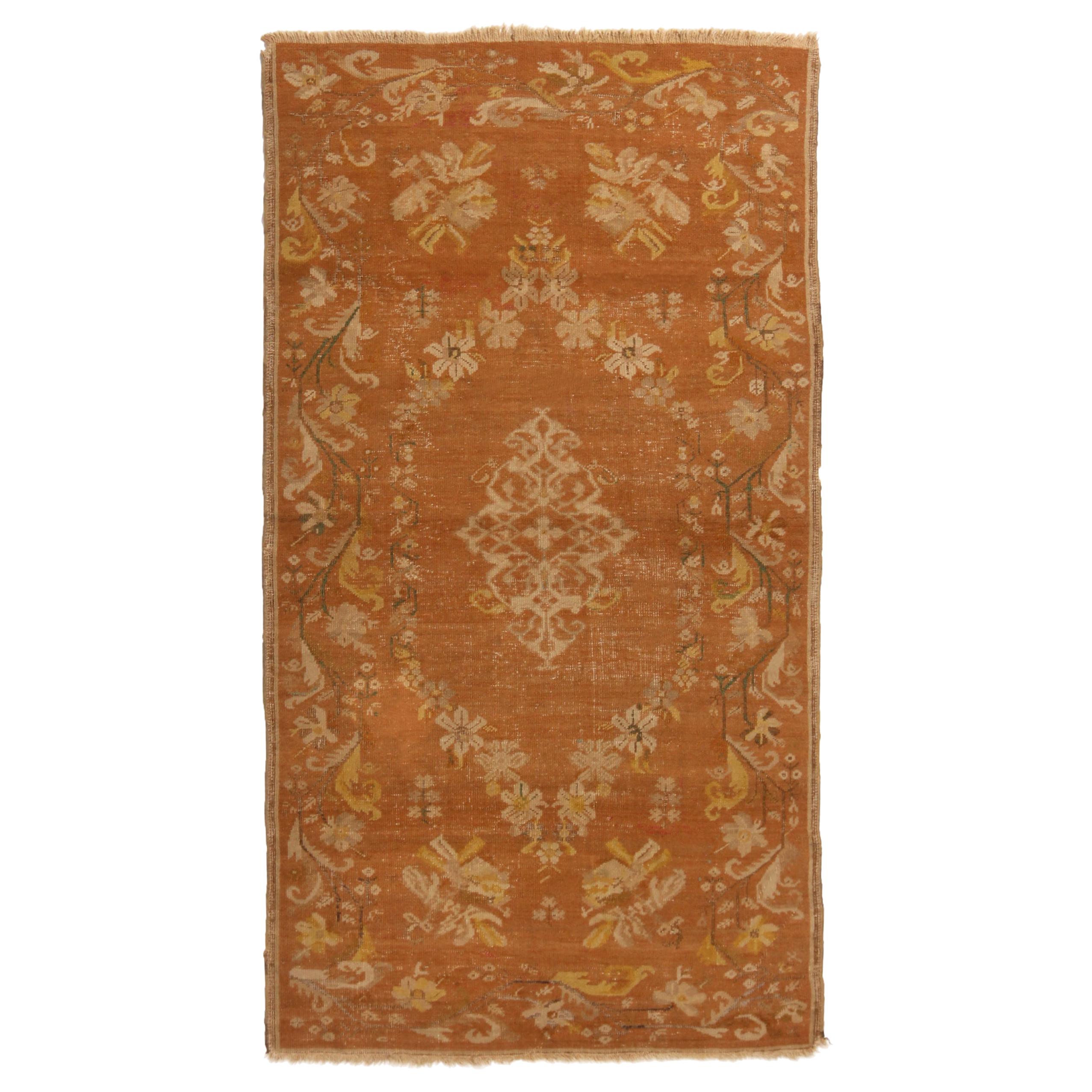 Antique Gordes Traditional Beige and Copper Wool Rug Floral by Rug & Kilim
