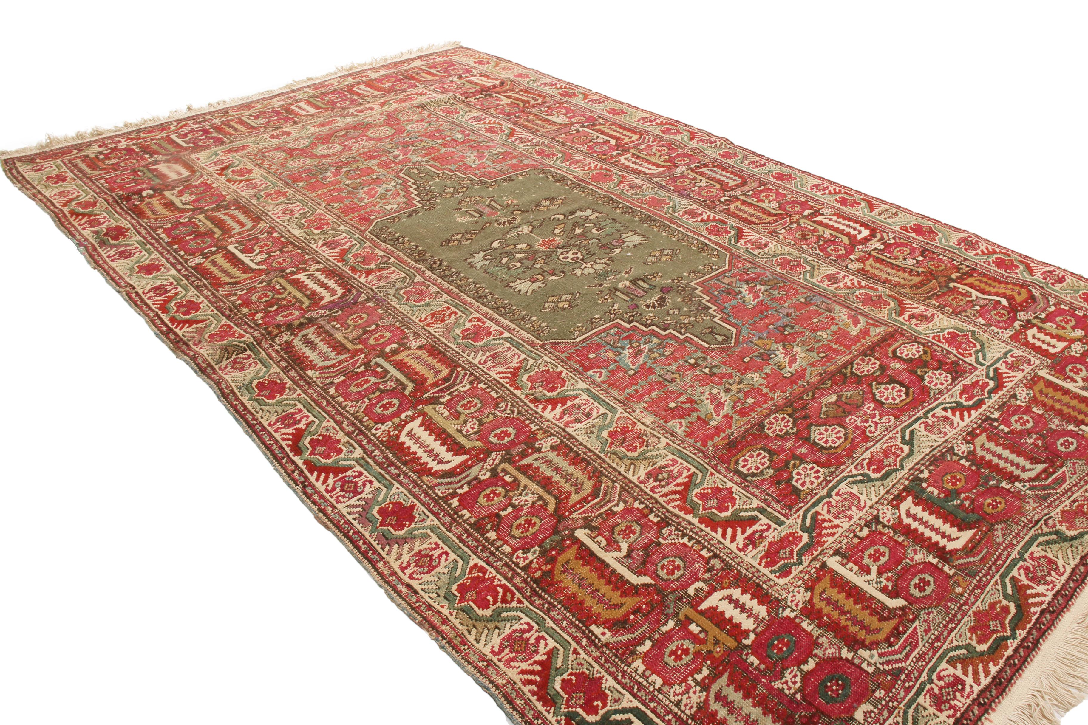 Turkish Antique Gordes Traditional Red and Sage Green Wool Rug by Rug & Kilim
