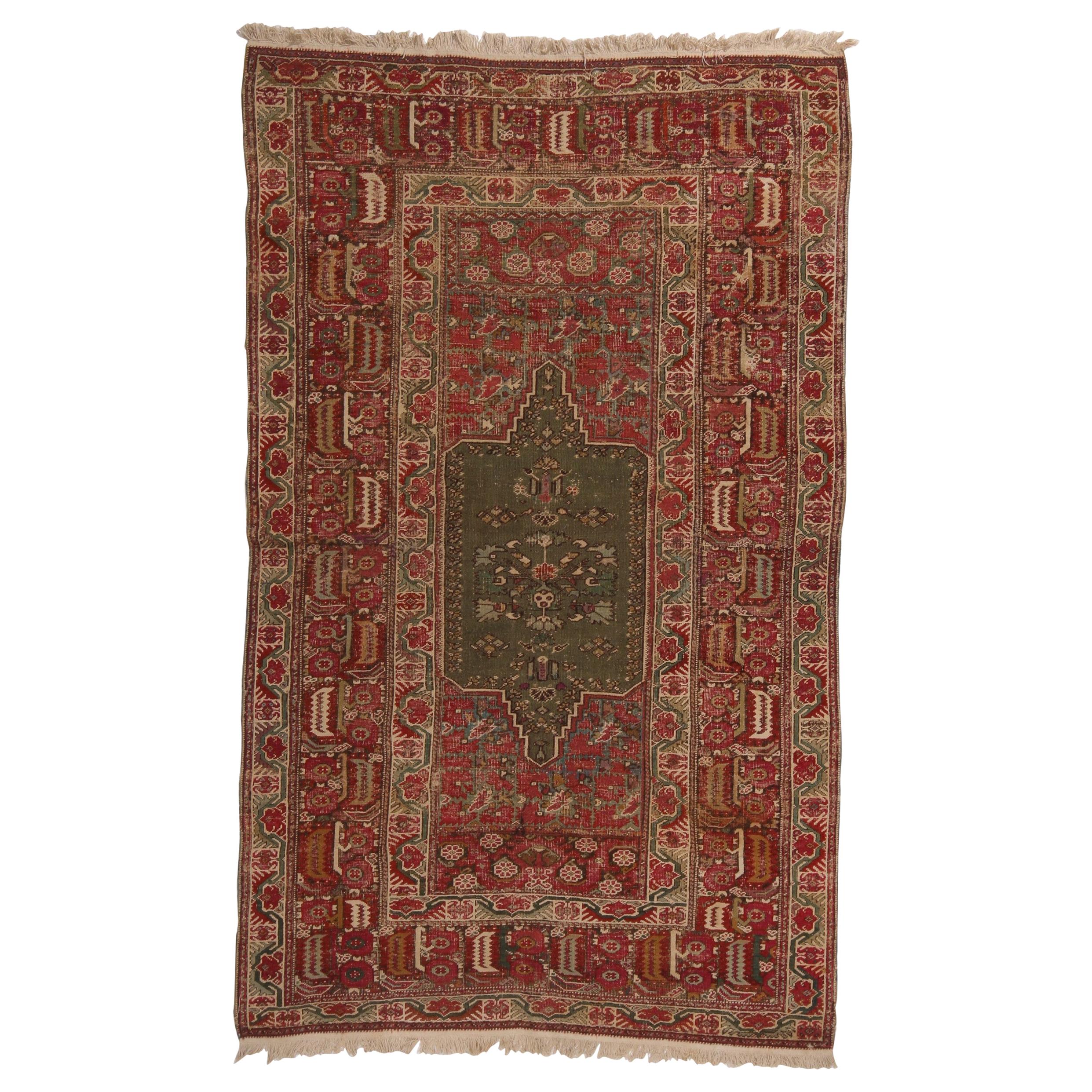 Antique Gordes Traditional Red and Sage Green Wool Rug by Rug & Kilim