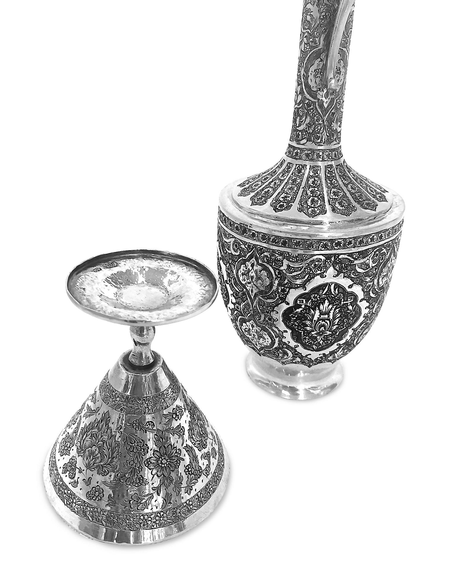 Women's or Men's Antique Gorgeous Handmade Pitcher, Cup and Tray 8-Piece Set Silver For Sale
