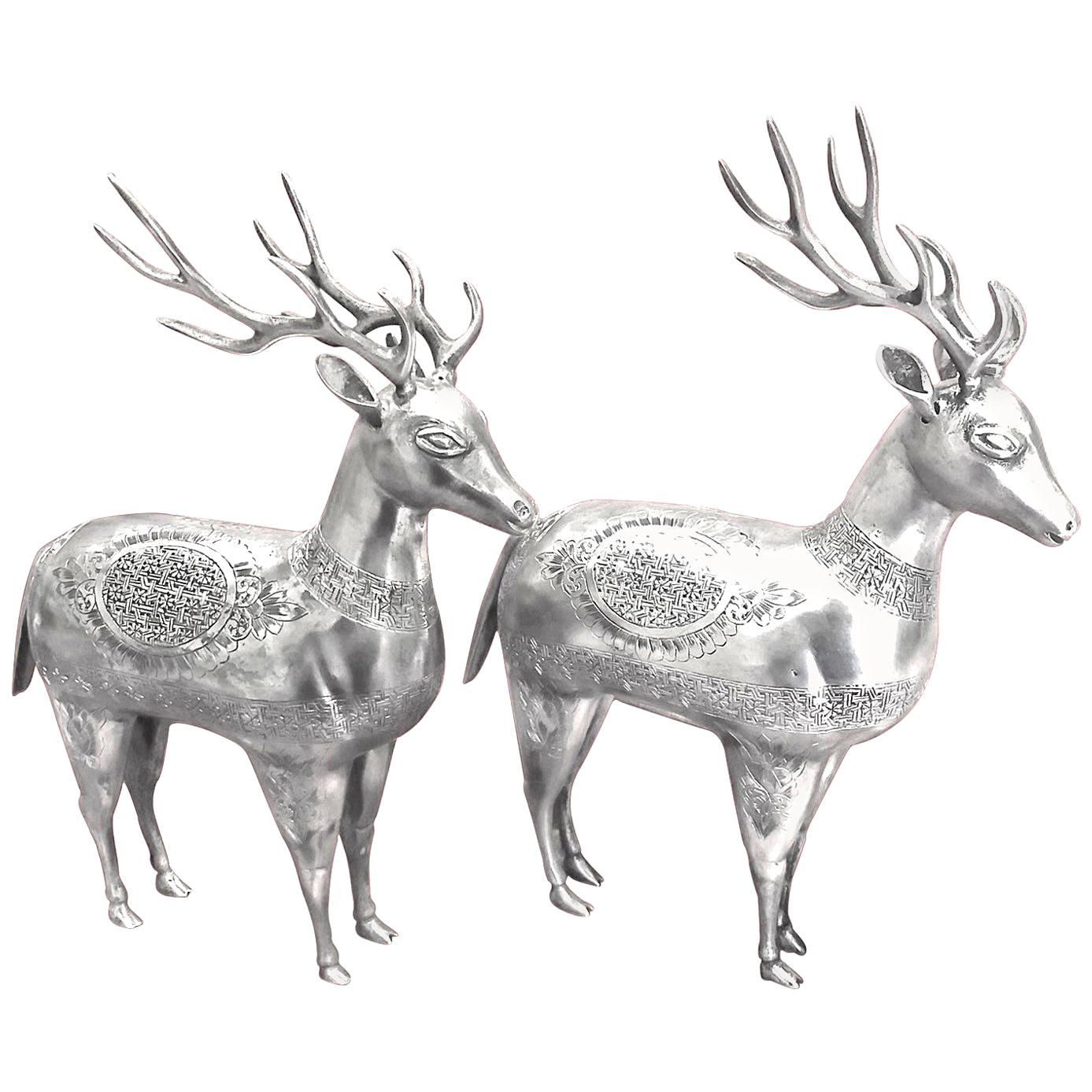 Antique, Gorgeous, Rare Pair of Deer Figurines in Silver, Handmade, Persian For Sale
