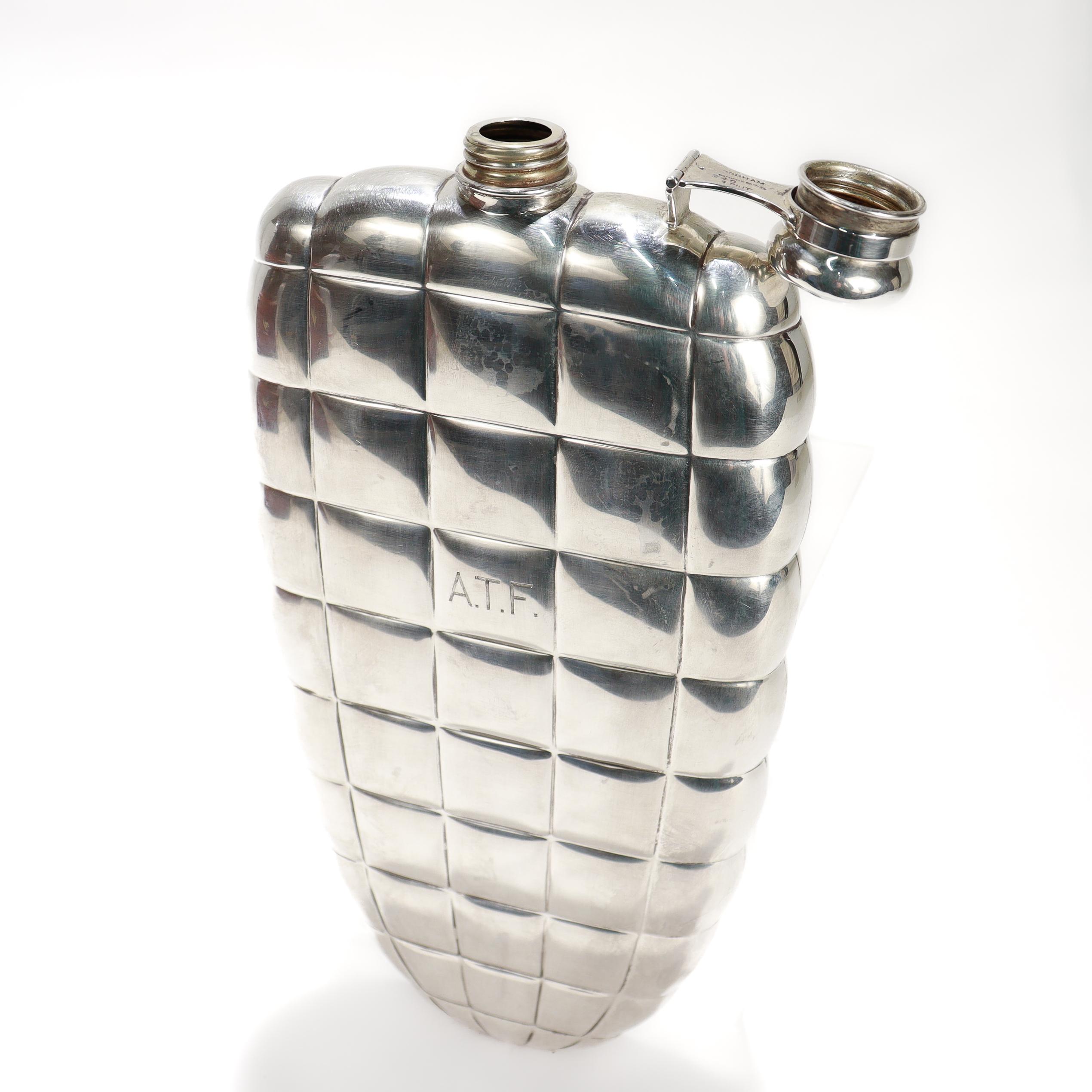 Antique Gorham 1 Pint Sterling Silver Art Deco Blimp or Dirigible Quilted Flask For Sale 1