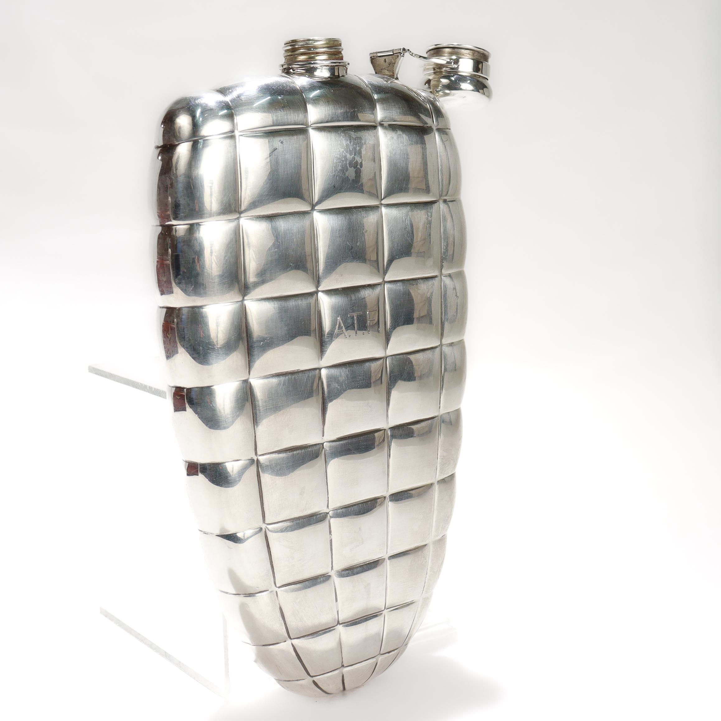 Antique Gorham 1 Pint Sterling Silver Art Deco Blimp or Dirigible Quilted Flask For Sale 2
