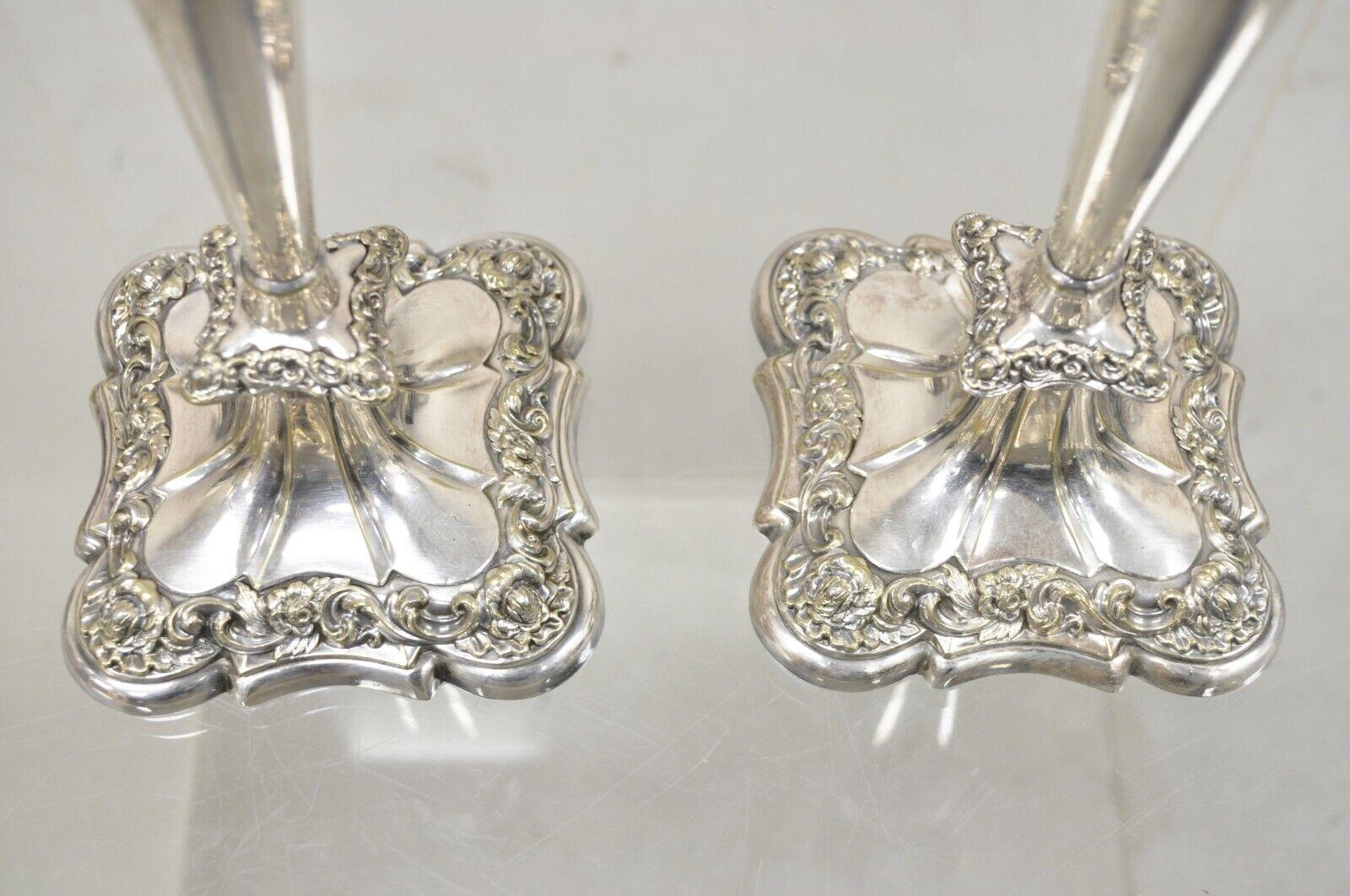 Antique Gorham Floral Repousse Silver Plate Candlestick Candle Holder a Pair In Good Condition In Philadelphia, PA