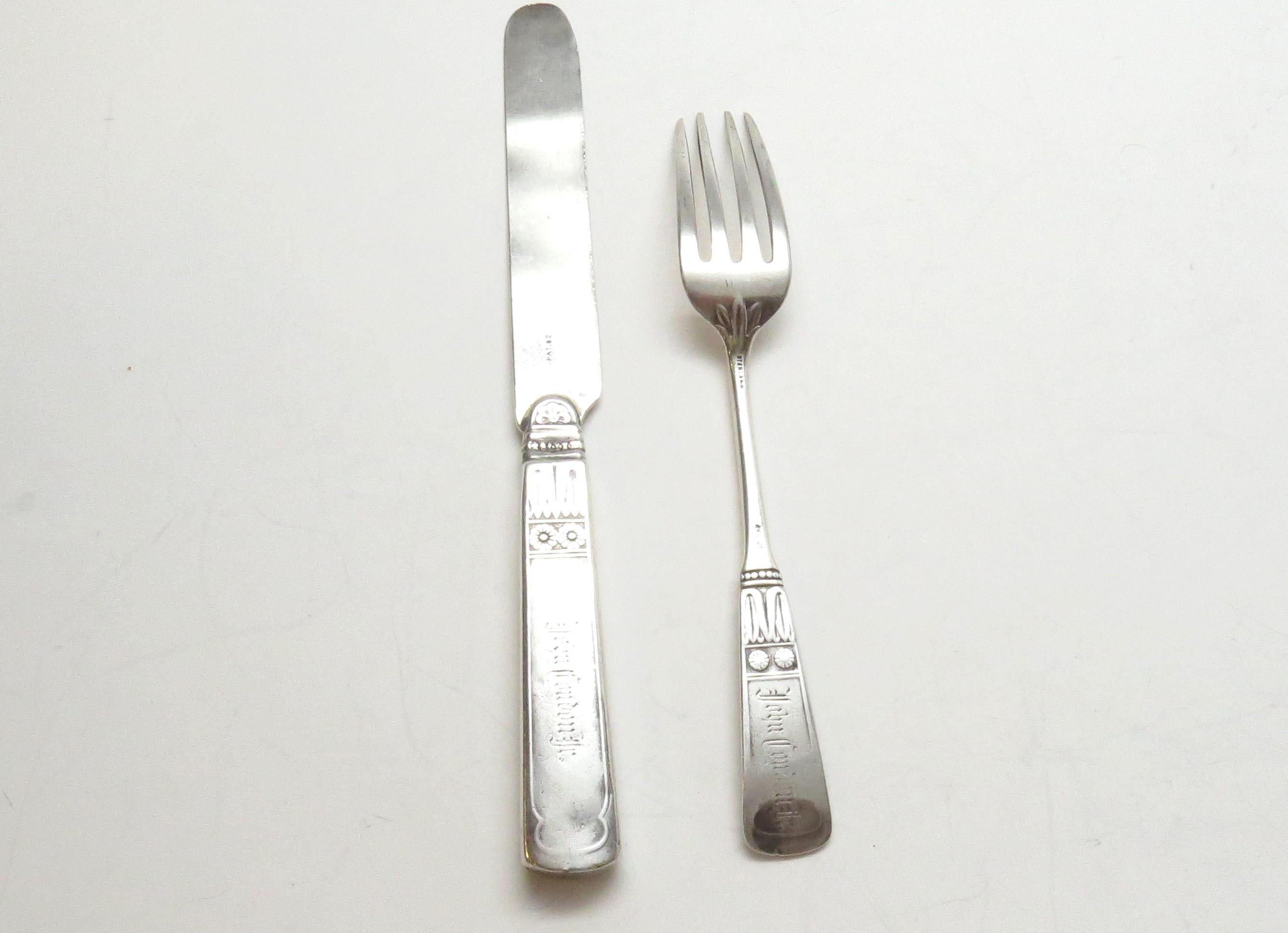 American Antique Gorham 1880 Piper Sterling Silver Youth Fork and Knife Set For Sale