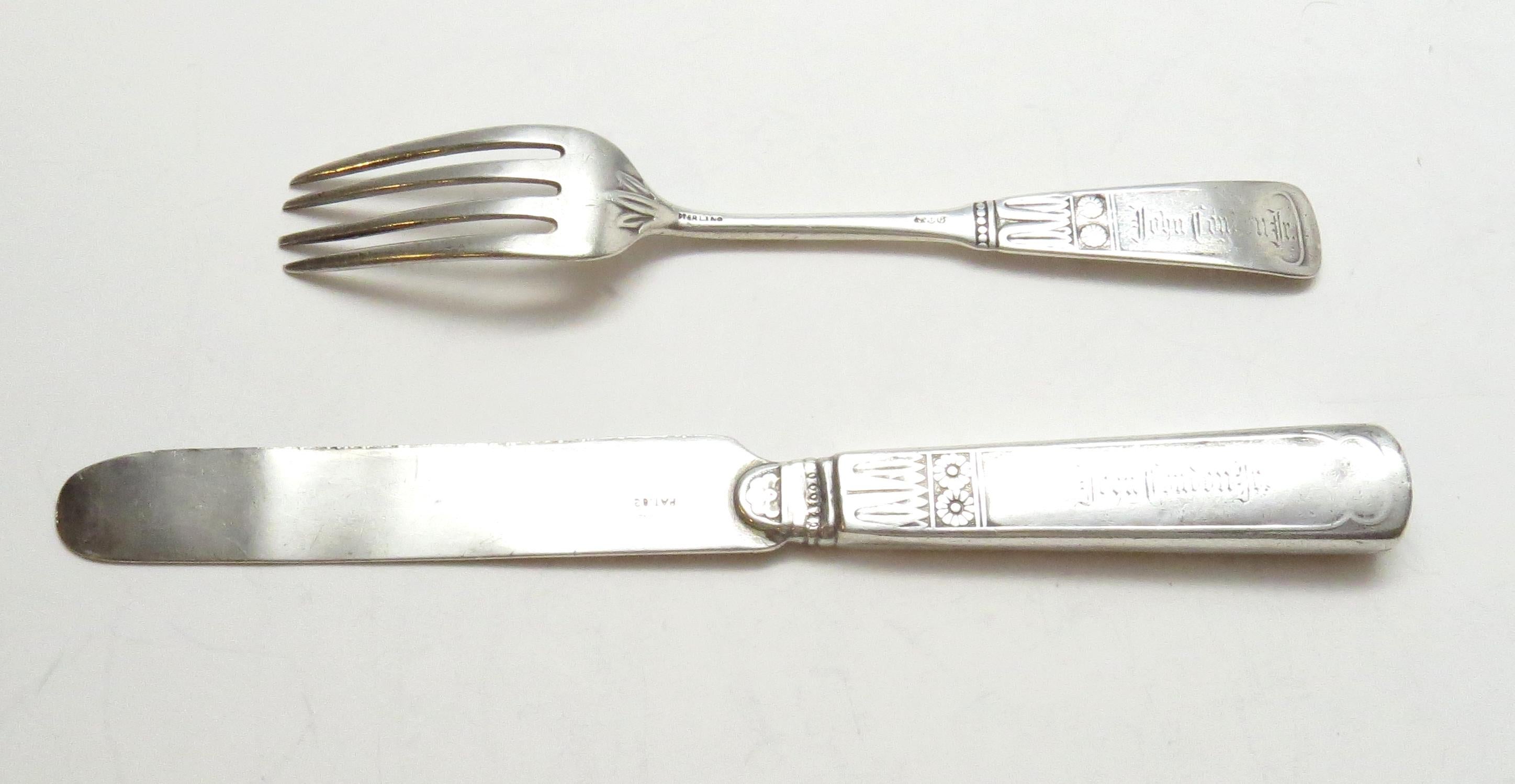 Late 19th Century Antique Gorham 1880 Piper Sterling Silver Youth Fork and Knife Set For Sale