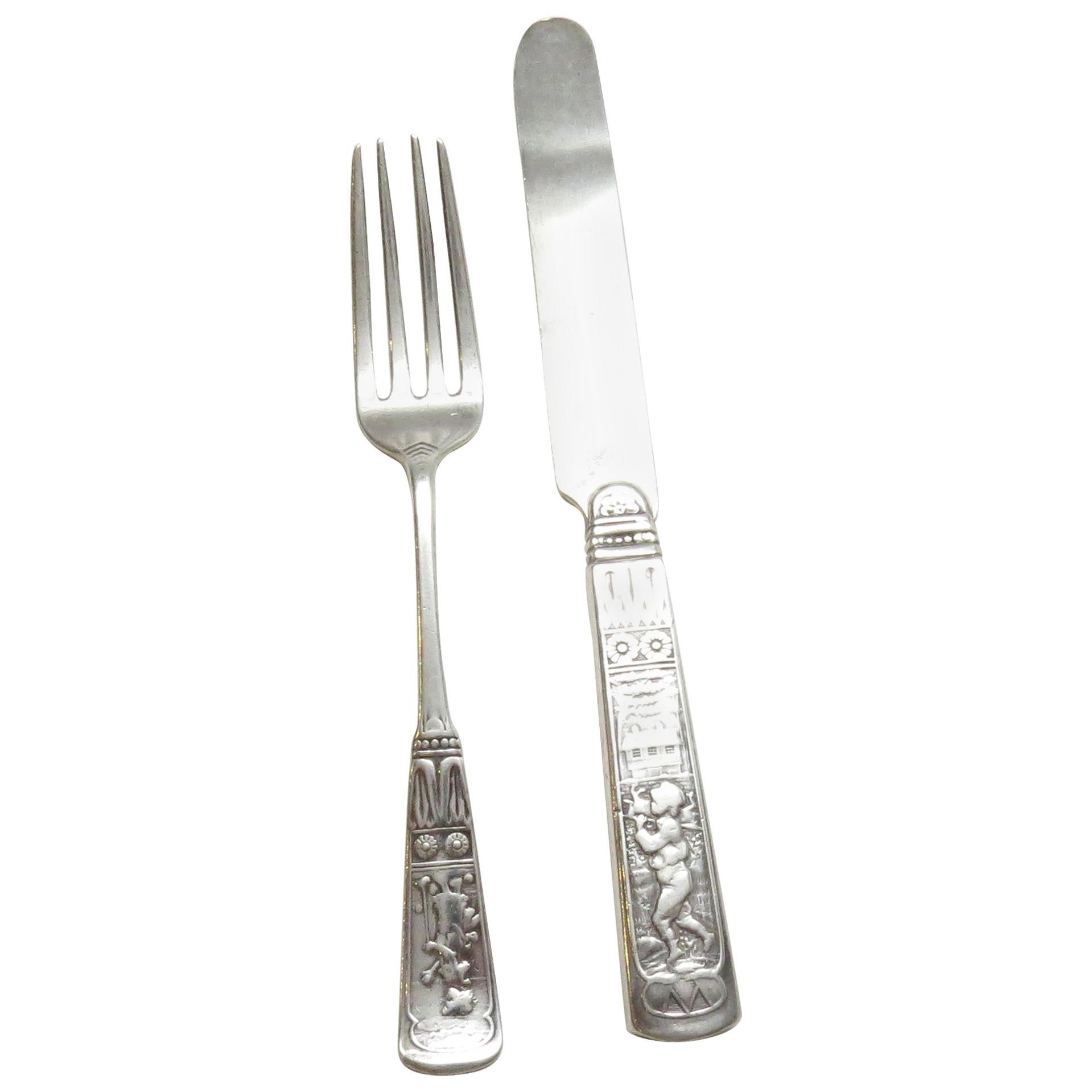 Antique Gorham 1880 Piper Sterling Silver Youth Fork and Knife Set For Sale