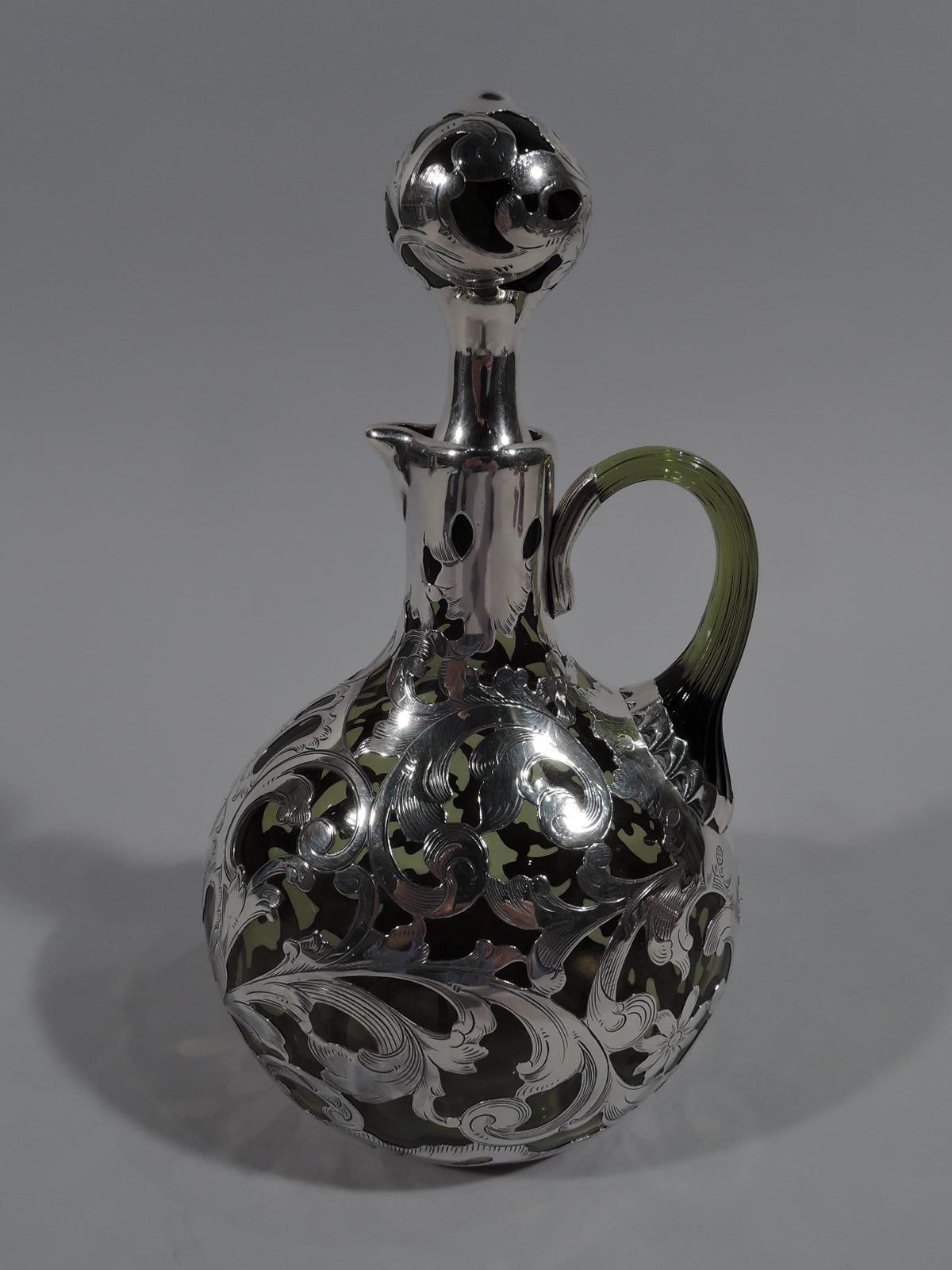 Antique Gorham Art Nouveau Green Silver Overlay Decanter In Good Condition In New York, NY