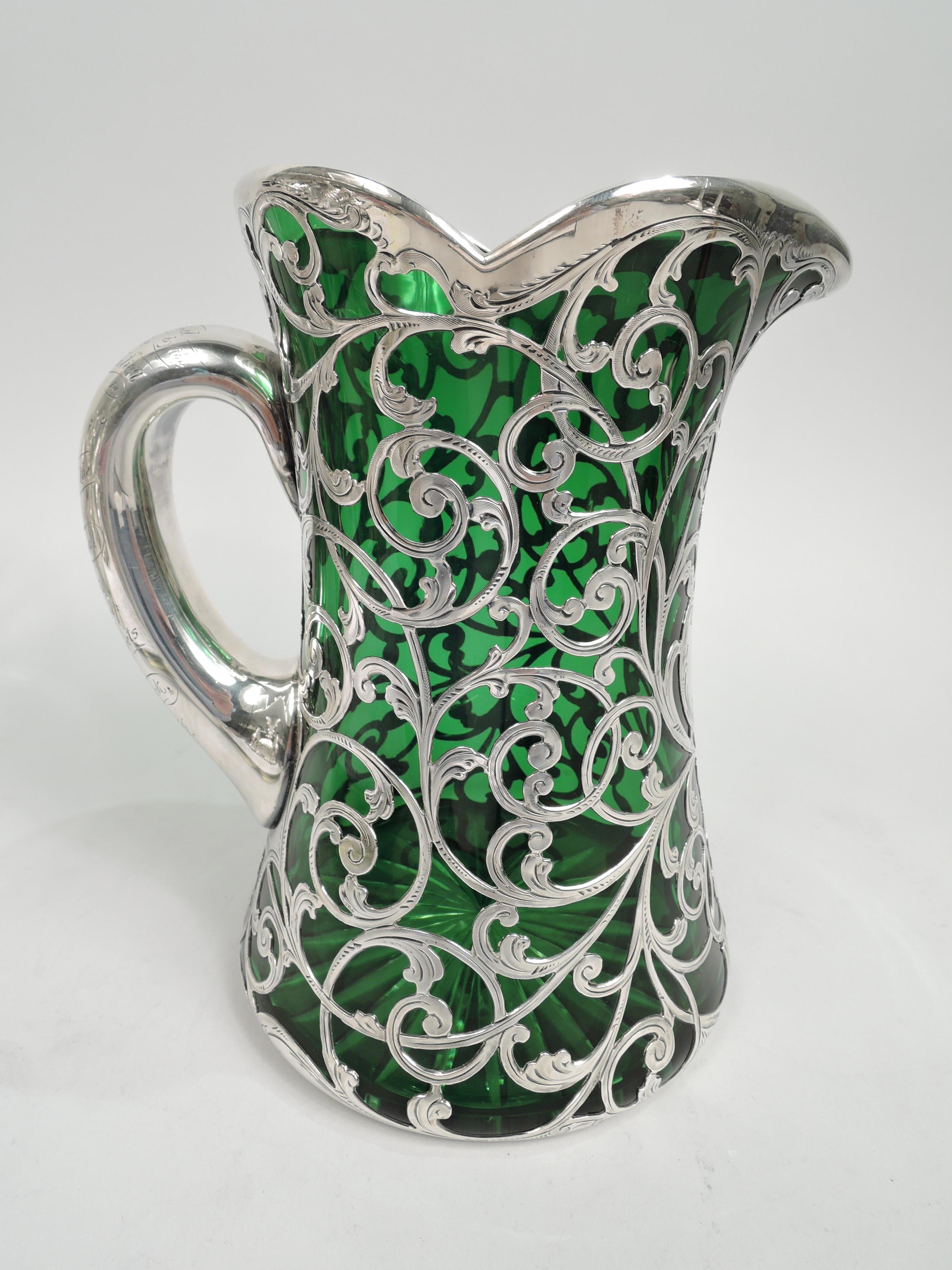 American Antique Gorham Art Nouveau Green Silver Overlay Jug Decanter