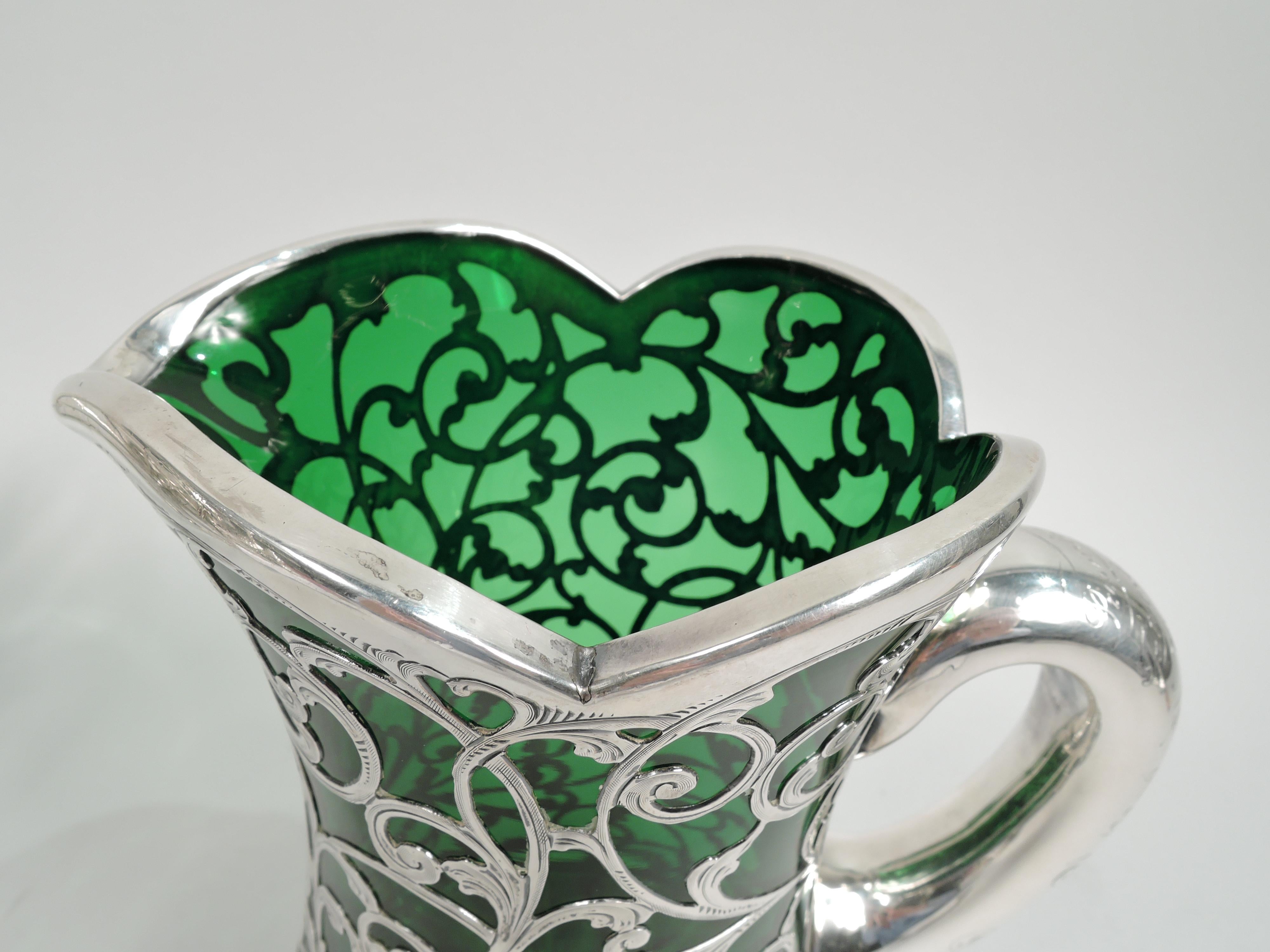 Antique Gorham Art Nouveau Green Silver Overlay Jug Decanter In Excellent Condition In New York, NY