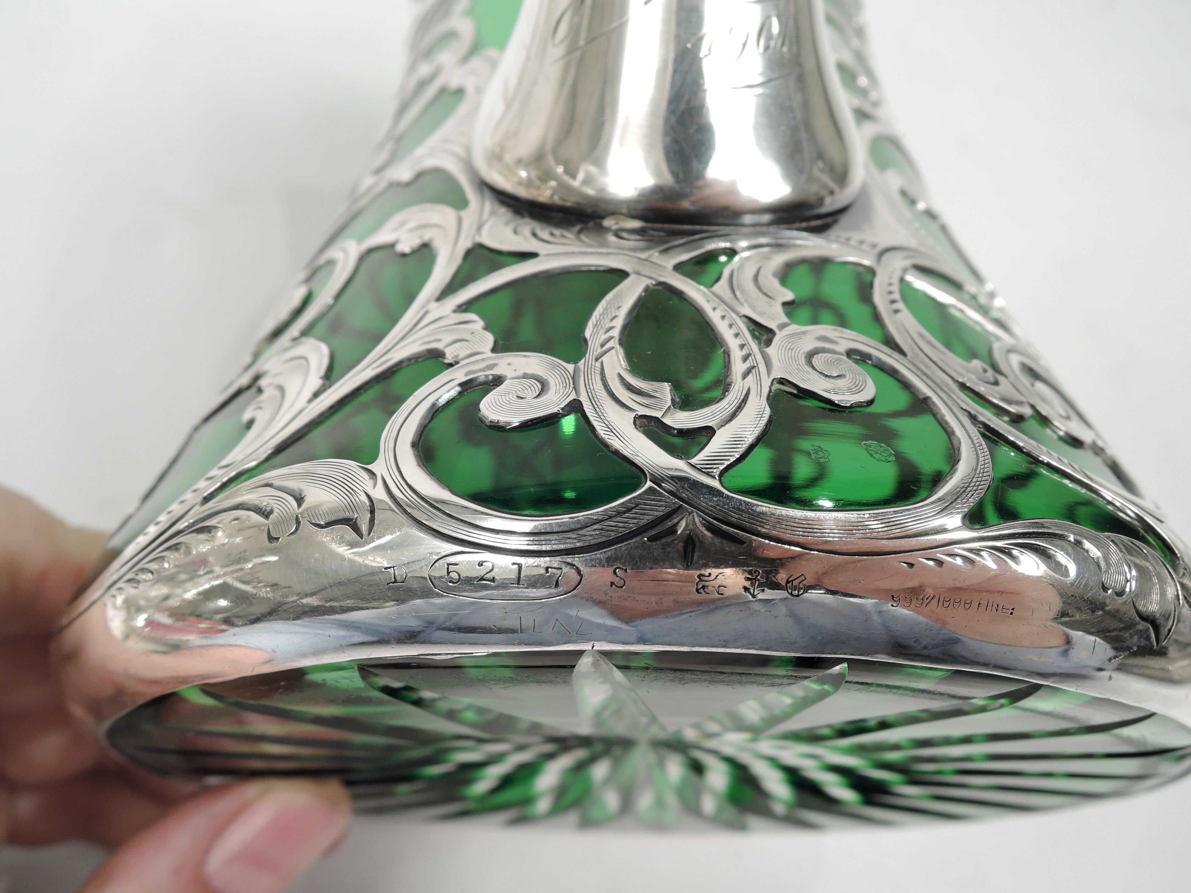 Antique Gorham Art Nouveau Green Silver Overlay Jug Decanter 3