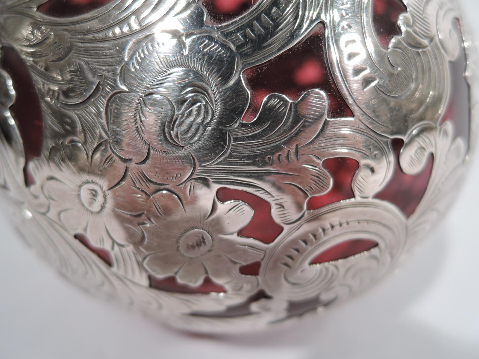 Antique Gorham Art Nouveau Red Silver Overlay Cologne Bottle In Excellent Condition For Sale In New York, NY