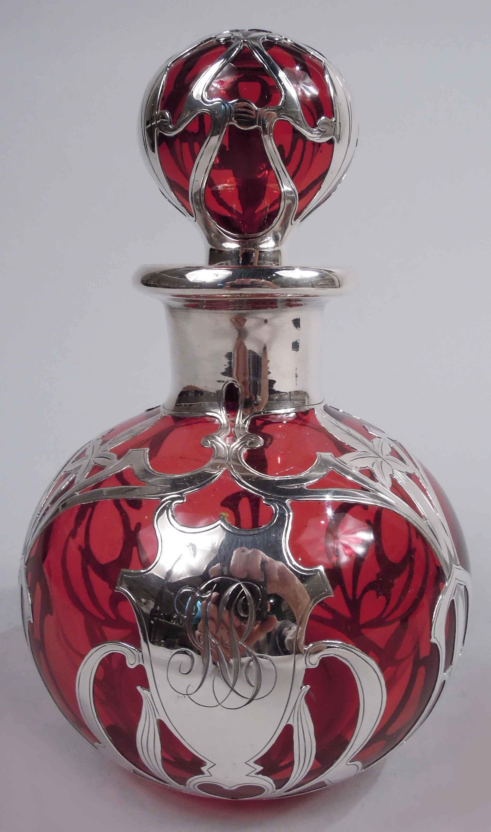 American Antique Gorham Art Nouveau Red Silver Overlay Perfume For Sale