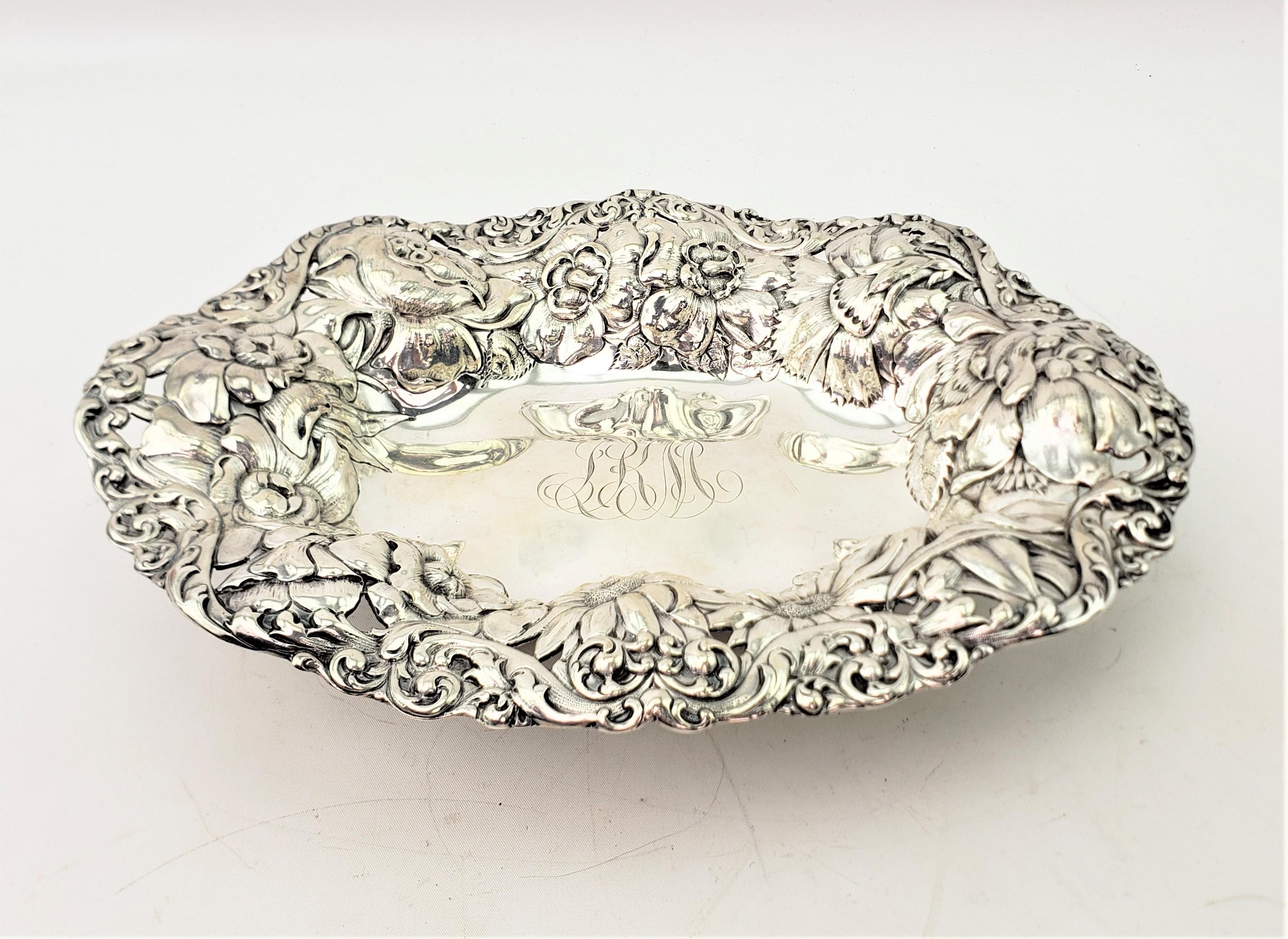American Antique Gorham Art Nouveau Sterling Silver Bowl with Repouse Floral Decoration For Sale