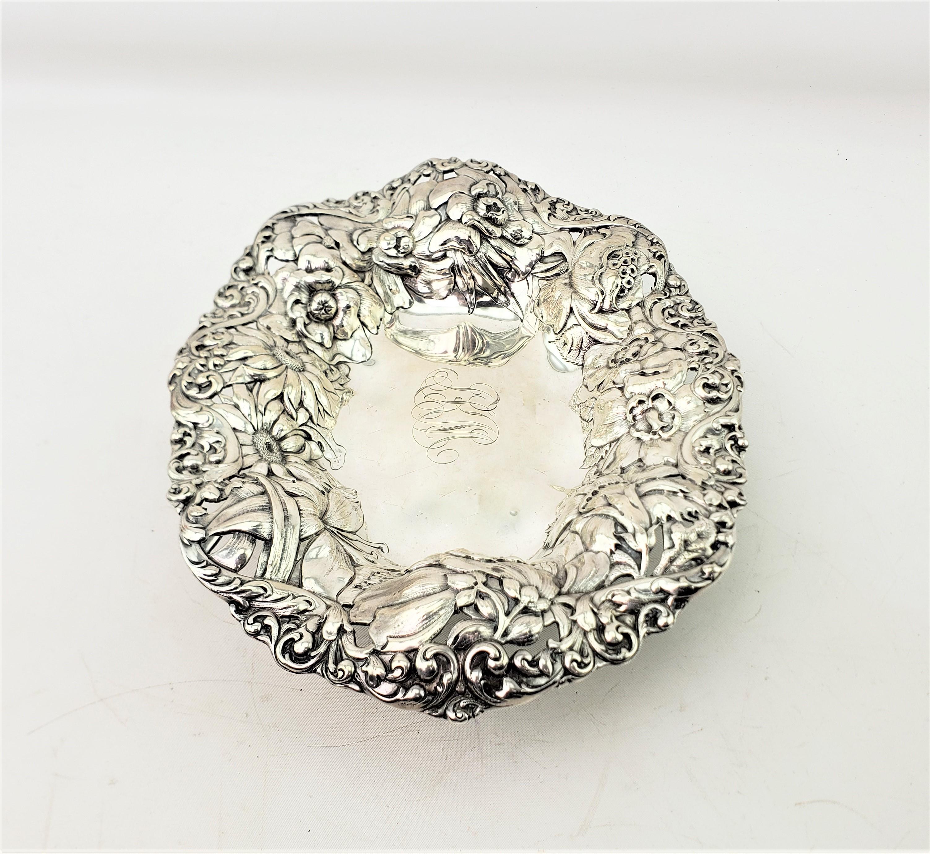 19th Century Antique Gorham Art Nouveau Sterling Silver Bowl with Repouse Floral Decoration For Sale