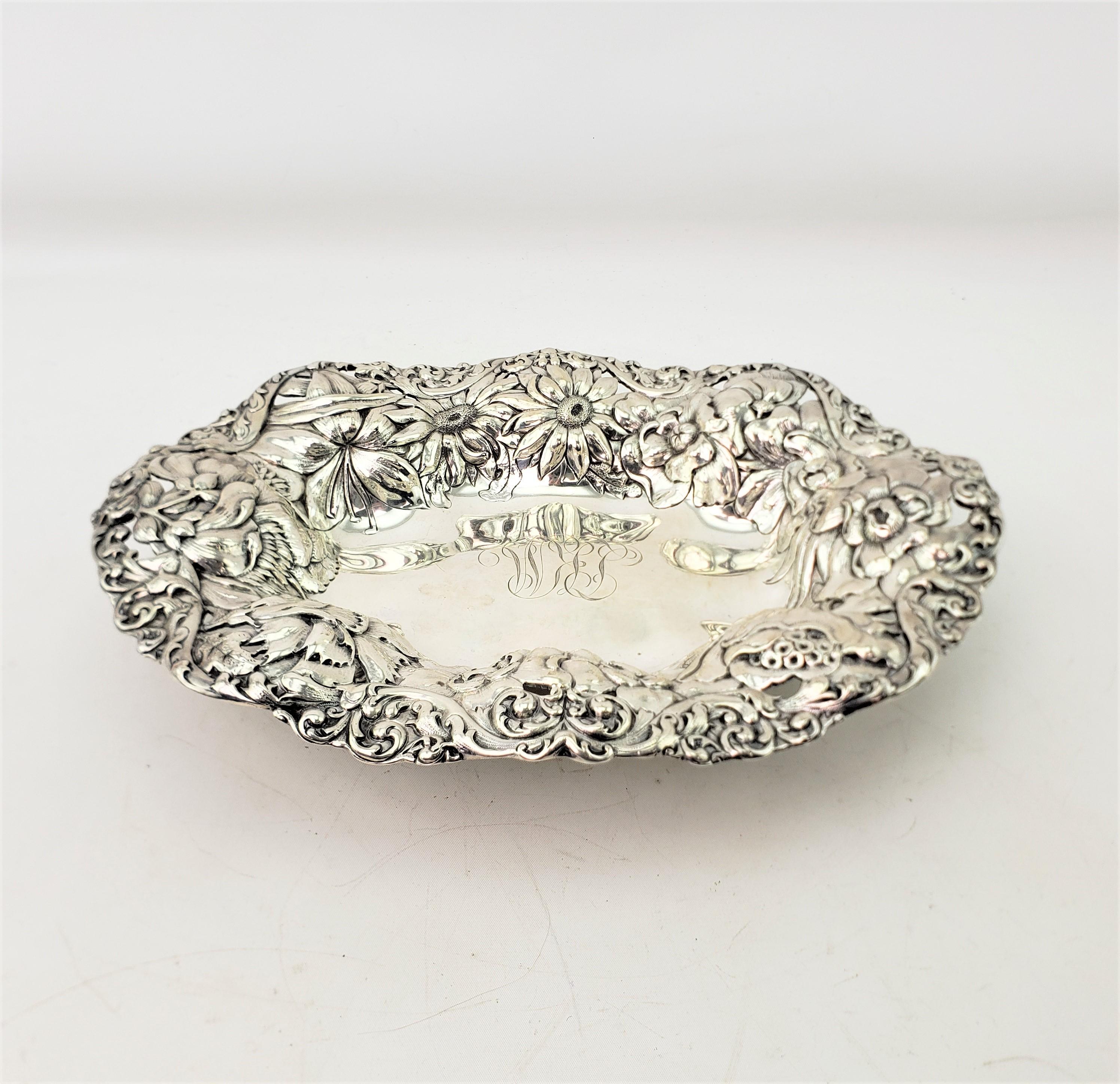 Antique Gorham Art Nouveau Sterling Silver Bowl with Repouse Floral Decoration For Sale 1