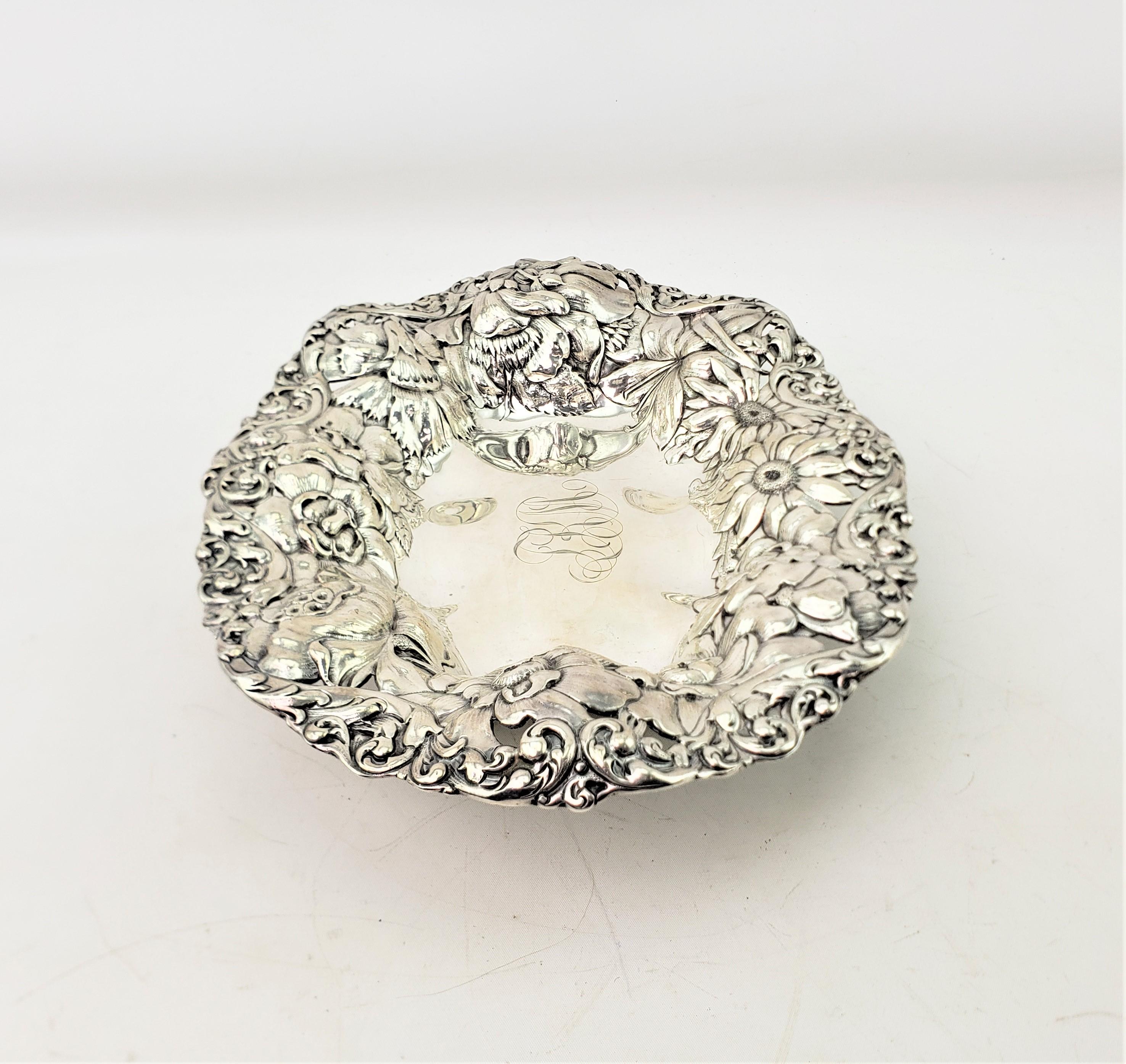 Antique Gorham Art Nouveau Sterling Silver Bowl with Repouse Floral Decoration For Sale 3