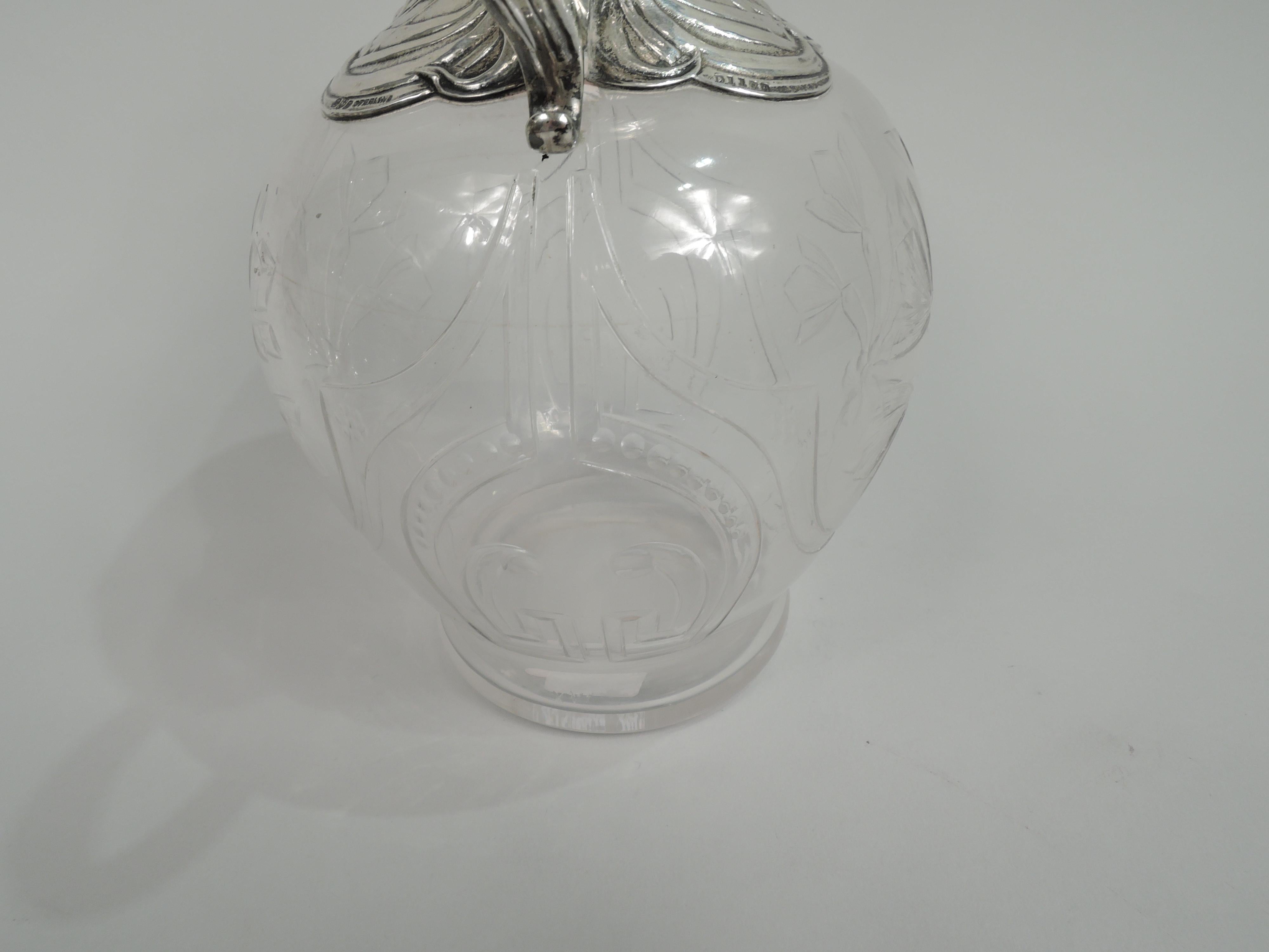 Antique Gorham Art Nouveau Sterling Silver & Crystal Whiskey Decanter In Excellent Condition For Sale In New York, NY