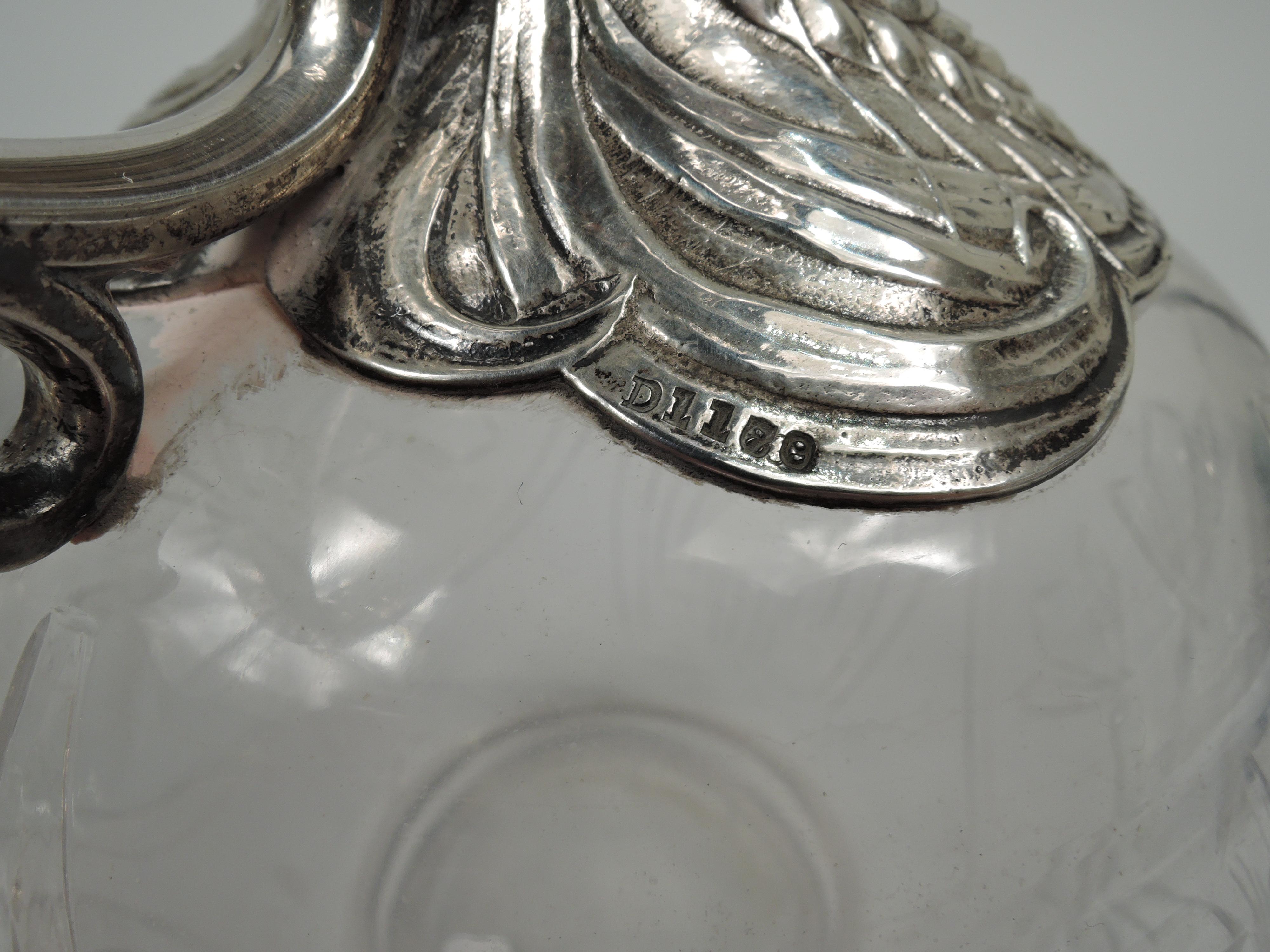 Antique Gorham Art Nouveau Sterling Silver & Crystal Whiskey Decanter For Sale 1