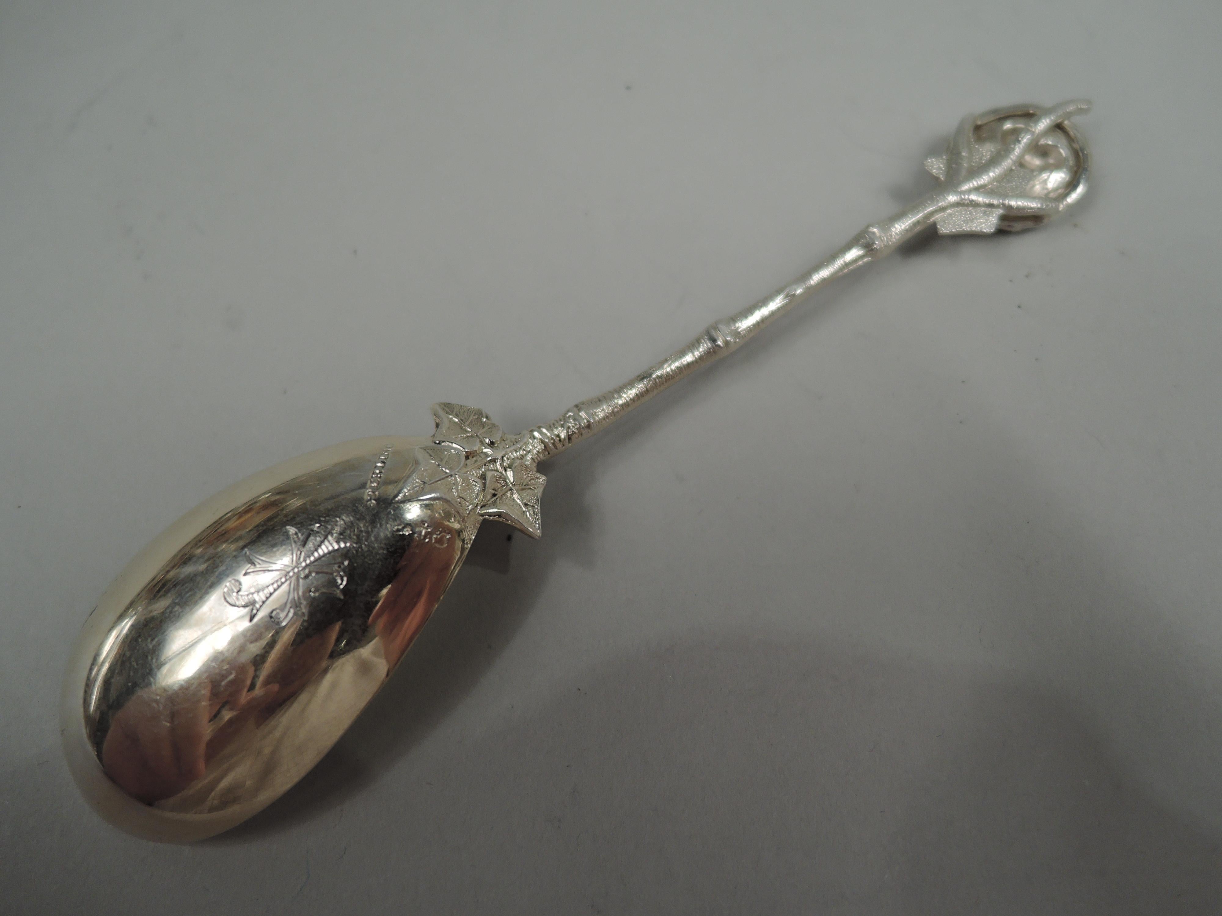 Bird’s Nest sterling silver egg spoon. Made by Gorham in Providence, ca 1880. Leafing twig stem and nest terminal lain with 3 eggs. Bowl elongated oval and gilt with monogram engraved on verso. Marks include maker’s stamp from last quarter of 19th