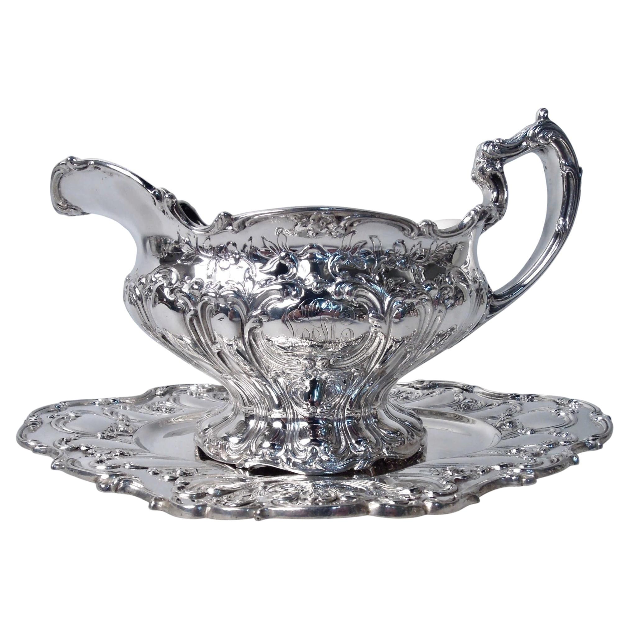 Antique Gorham Chantilly Grand Sterling Silver Gravy Boat on Stand For Sale