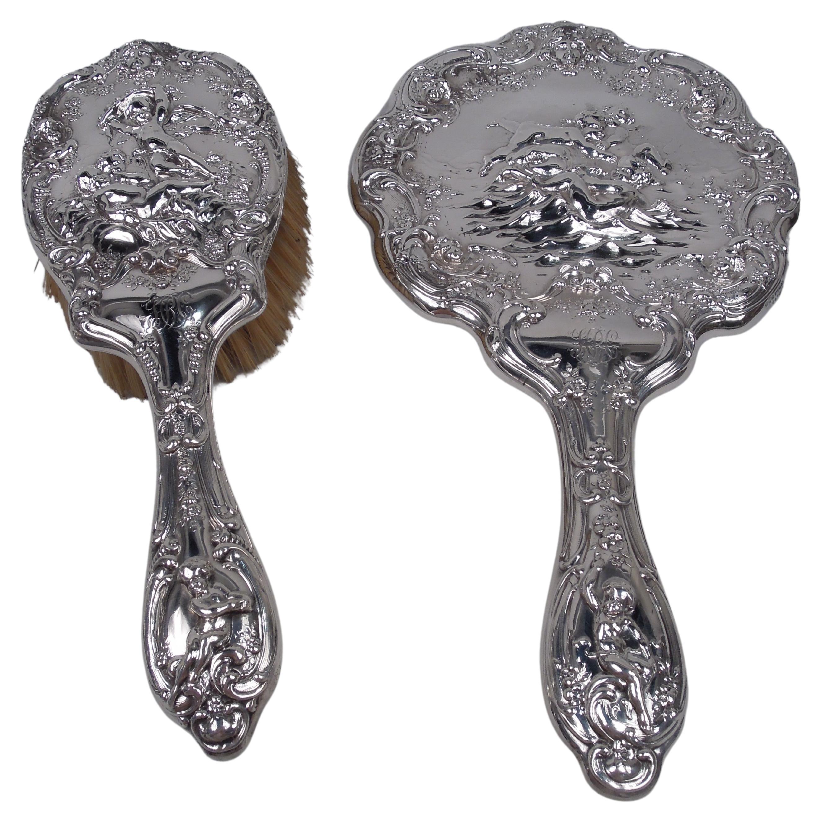 Antique Gorham Edwardian Classical Sterling Silver Mirror & Brush Pair For Sale
