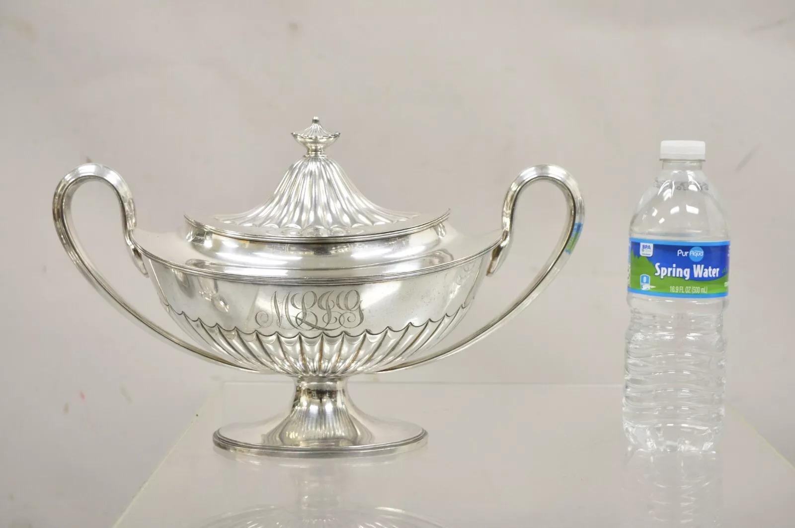 Antique Gorham Edwardian Silver Plated Trophy Urn Covered Sauce Boat Soup Tureen with Monogram (see pics). Circa Early 20th Century. Dimensions : 8,5