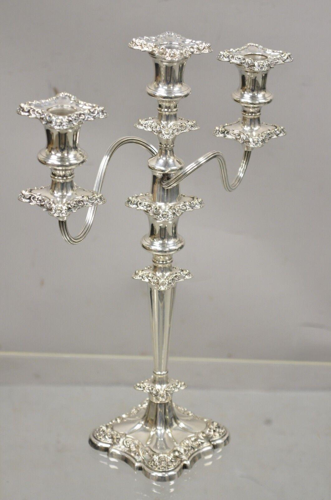 Antique Gorham floral repousse Victorian twin arm silver plated candlestick candelabra. Item features 2 scrolling arms, central candle holder, (3) candle holders in total, 3 removable ornate inserts, 2 part construction, original stamp, very nice