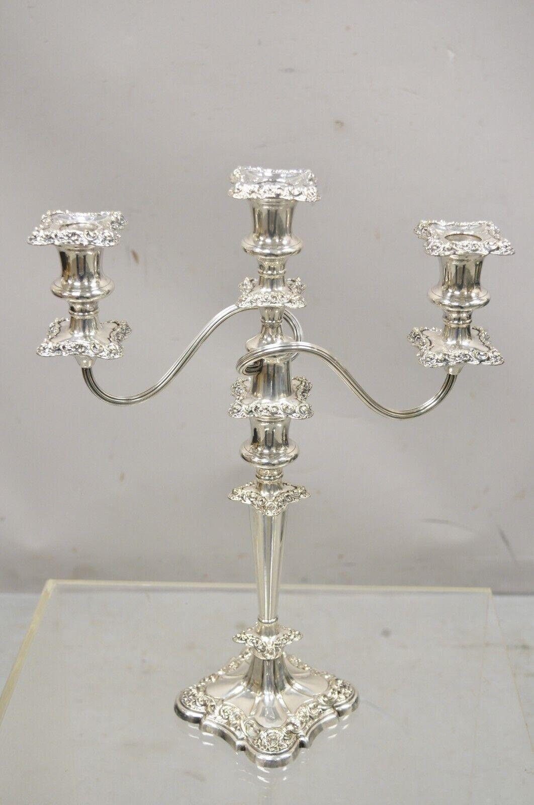 Antique Gorham Floral Repousse Twin Arm Silver Plated Candlestick Candelabra For Sale 2