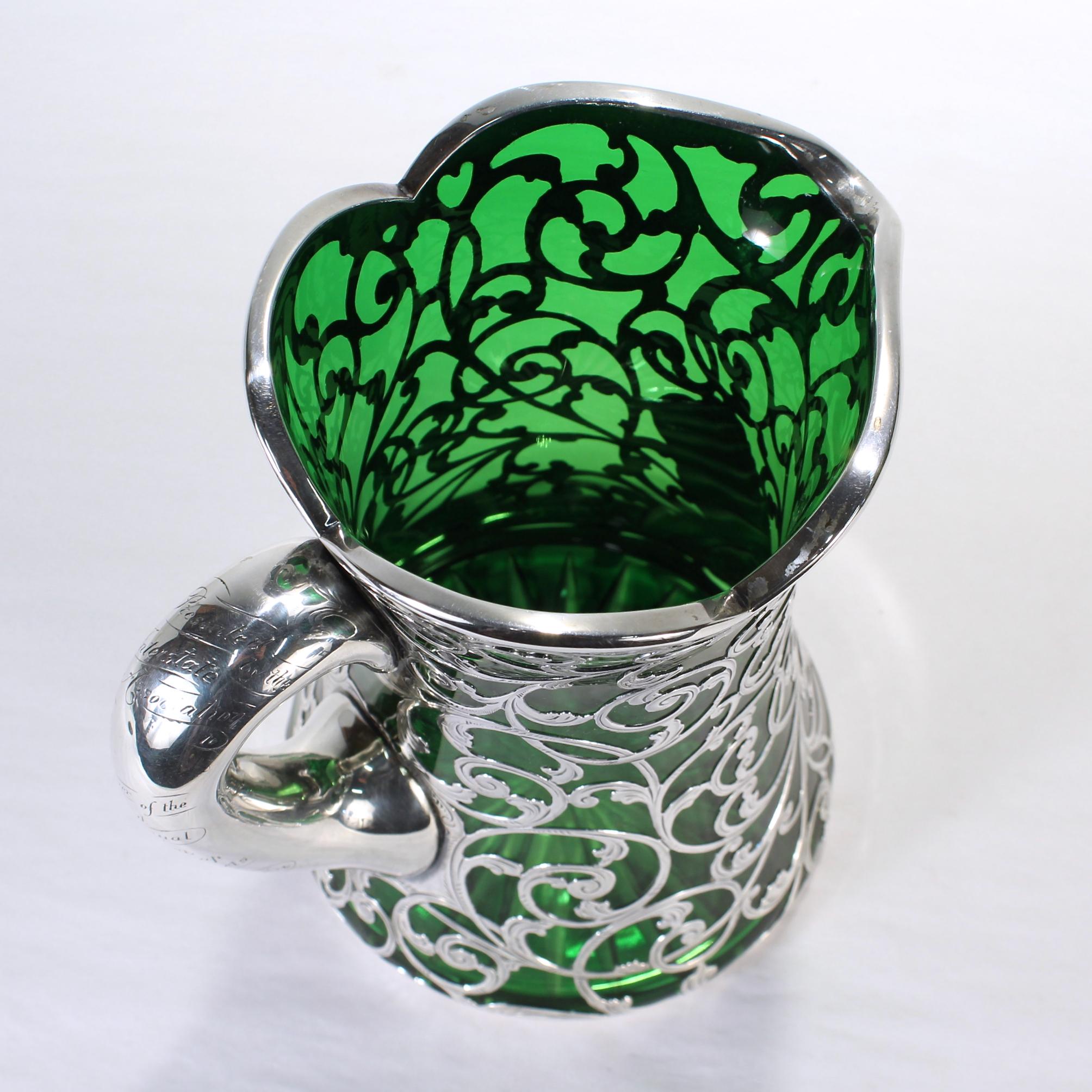 Antique Gorham Green Glass & Sterling Silver Overlay Water or Cocktail Pitcher 6