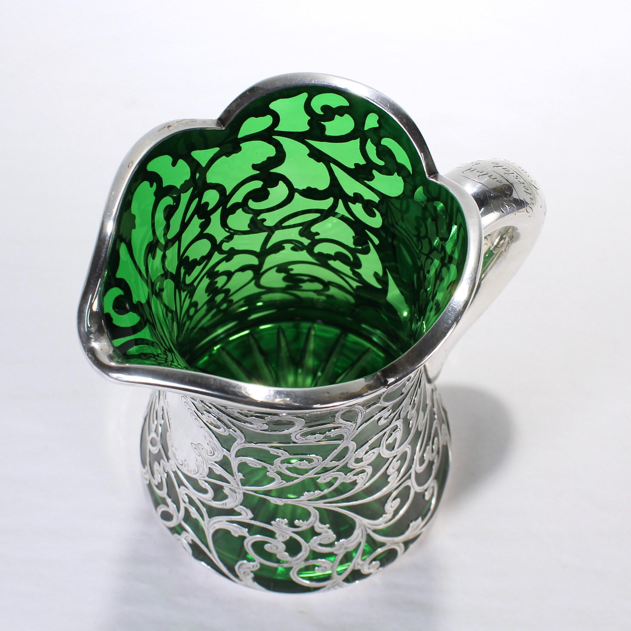 Antique Gorham Green Glass & Sterling Silver Overlay Water or Cocktail Pitcher 7