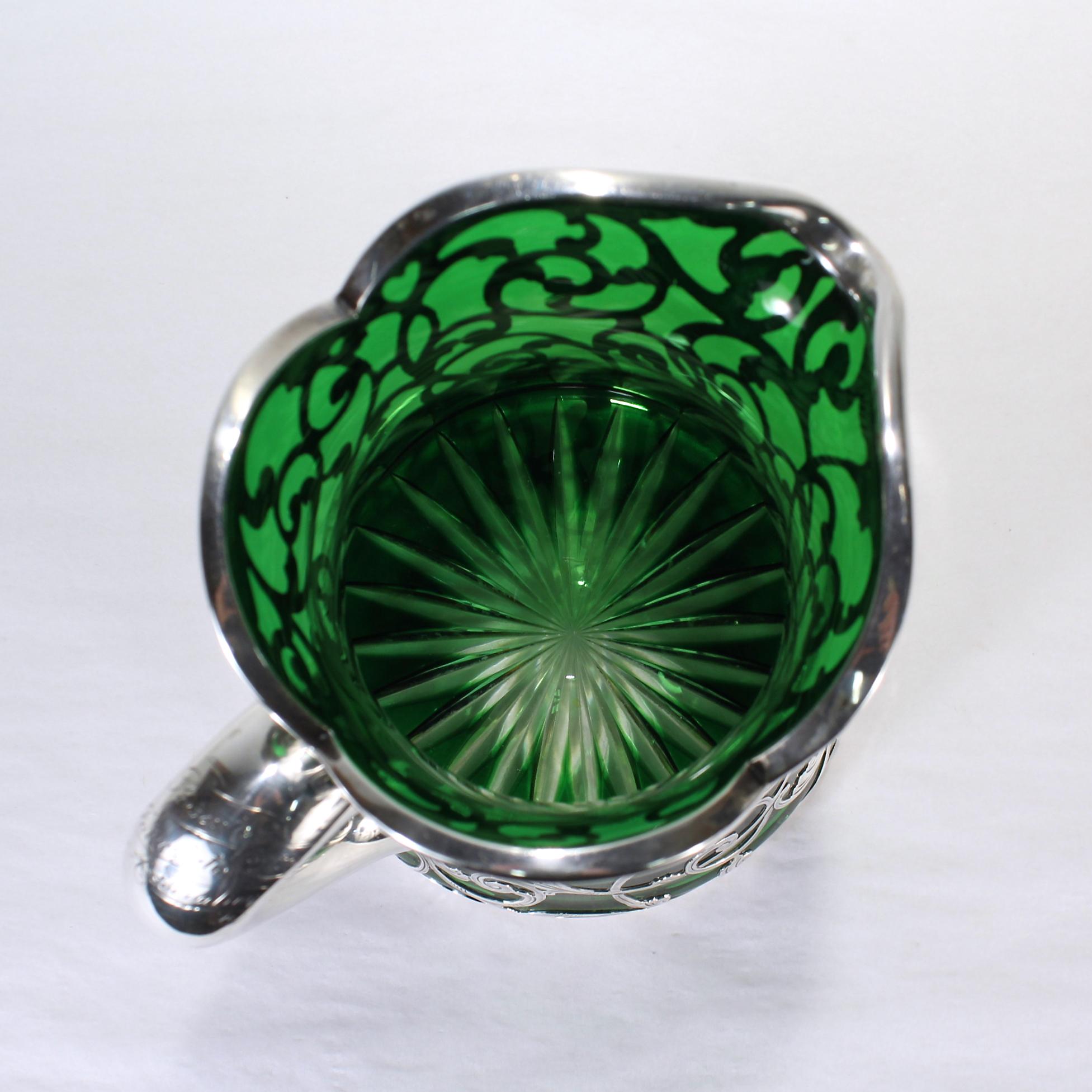 Antique Gorham Green Glass & Sterling Silver Overlay Water or Cocktail Pitcher 8