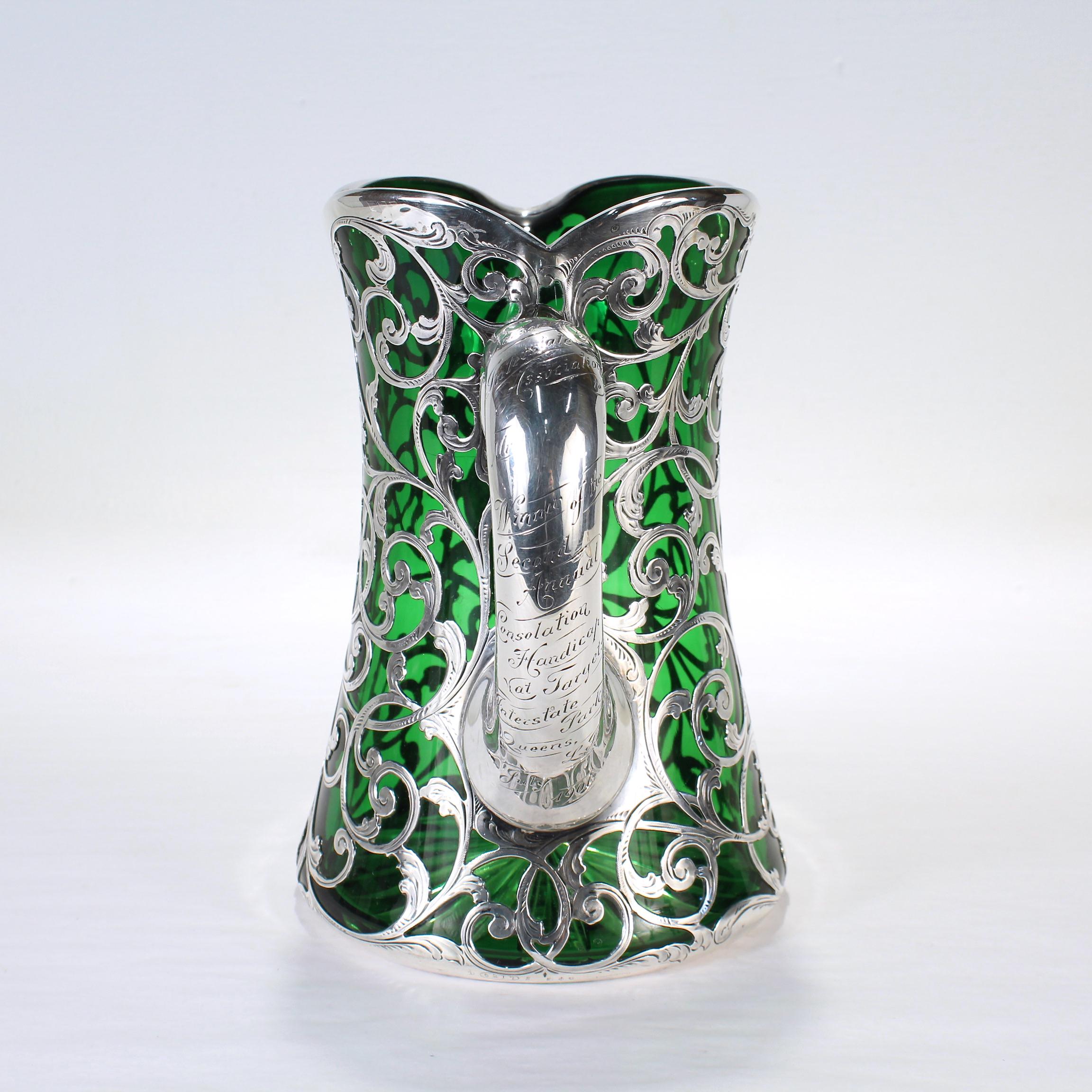Gilded Age Antique Gorham Green Glass & Sterling Silver Overlay Water or Cocktail Pitcher