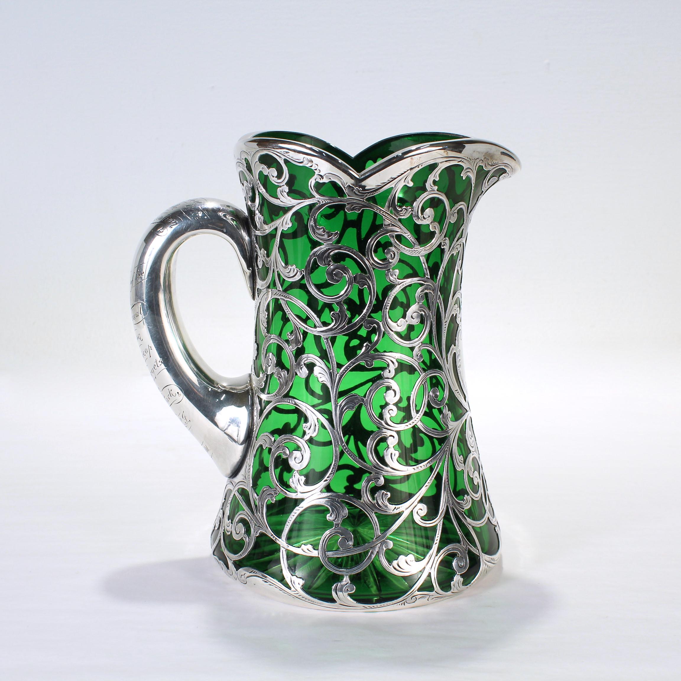 Antique Gorham Green Glass & Sterling Silver Overlay Water or Cocktail Pitcher In Good Condition In Philadelphia, PA